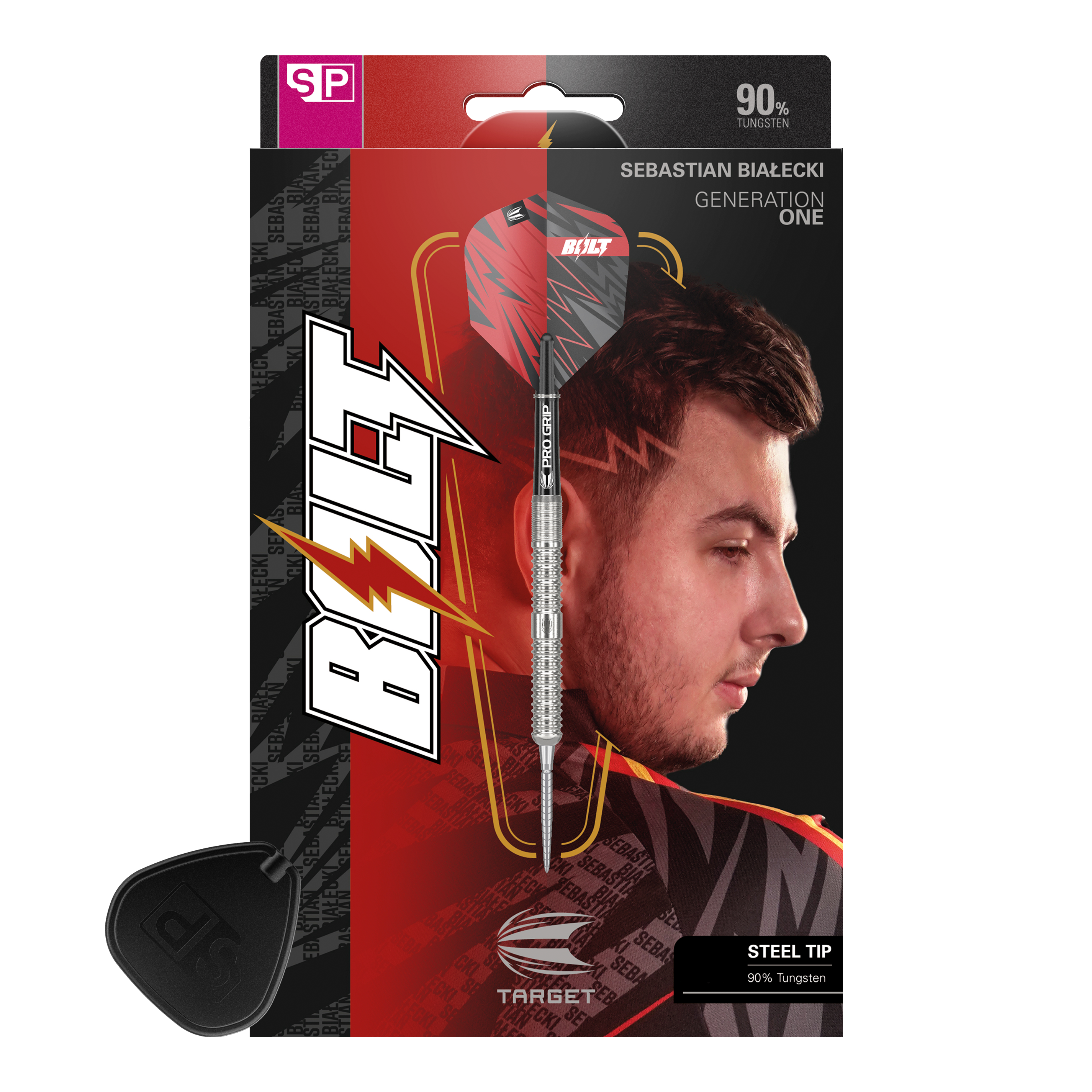 Target Sebastian Białecki GEN1 Swiss Point Steeldarts - 22g Das Bild zeigt die Verpackung der "Target Sebastian Bialecki GEN1 Swiss Point Steeldarts - 22g". Auf der Verpackung ist ein Dartpfeil sowie das Porträt eines Mannes zu sehen.