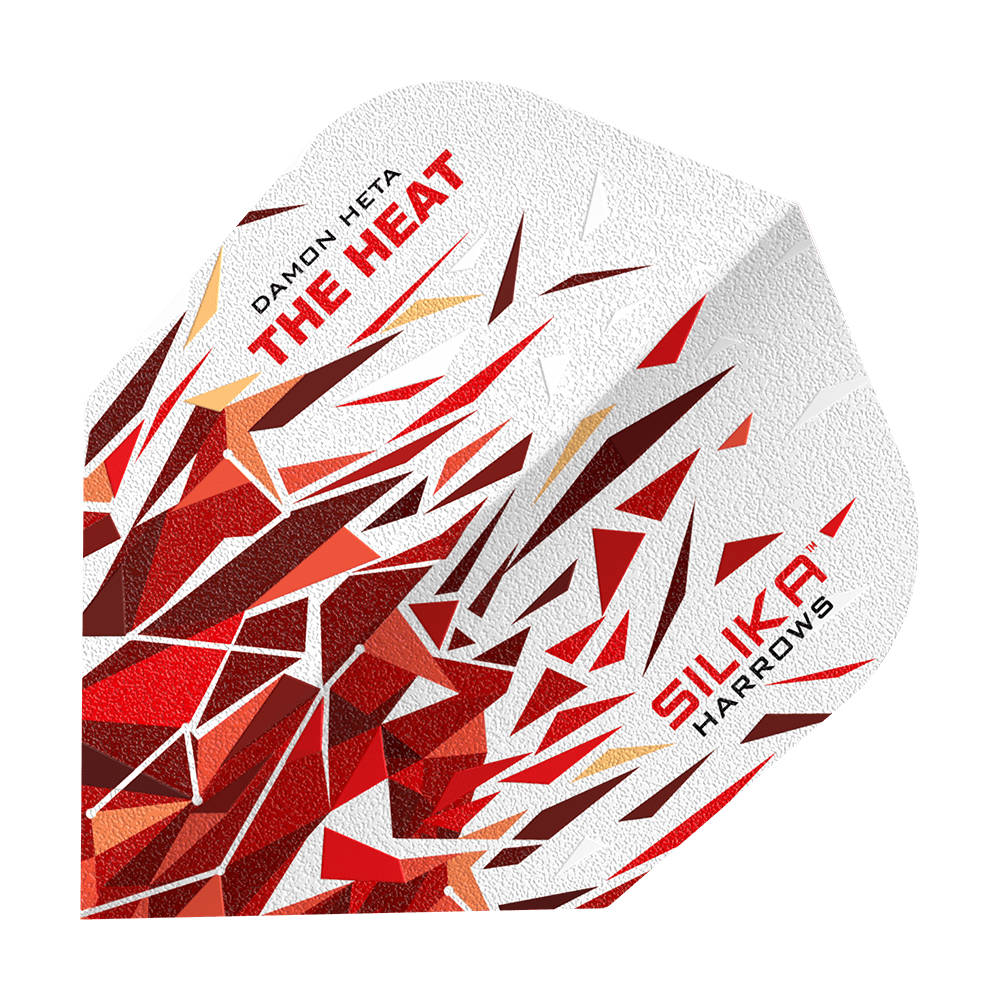 Harrows Silika Damon Heta 2 Solidna, wytrzymała powłoka krystaliczna nr 6 Das Bild zeigt einen Dart Flight mit dem Namen "Harrows Silika Damon Heta 2 Solid Tough Crystalline Coating No6". Das Design ist weiß mit roten und braunen, geometrischen Mustern und dem Schriftzug "THE HEAT" und "SILIKA HARROWS".