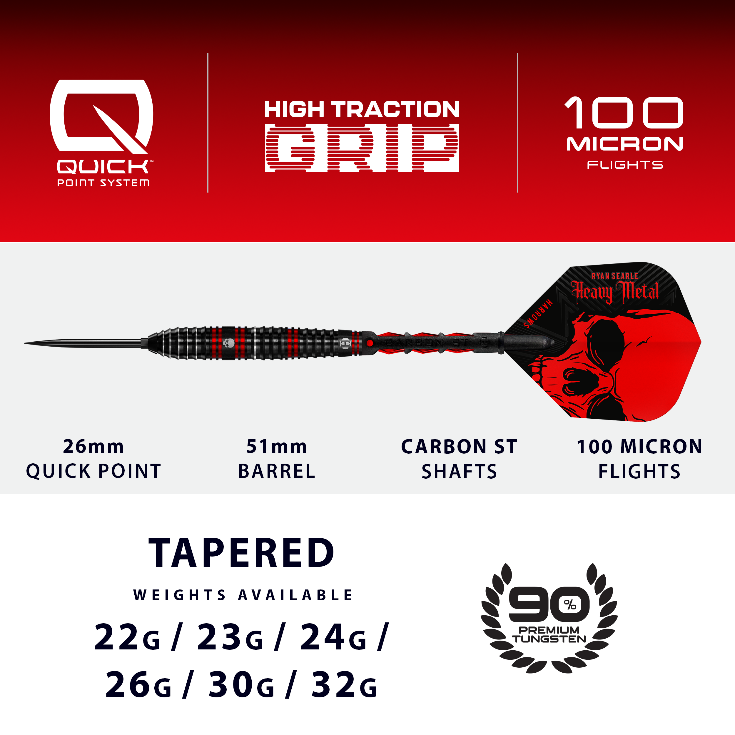 Zu sehen ist der Harrows Ryan Searle 90% Steeldarts Quick Point Steeldarts. Diese Dartpfeile bieten eine professionelle Qualität für anspruchsvolle Spieler.