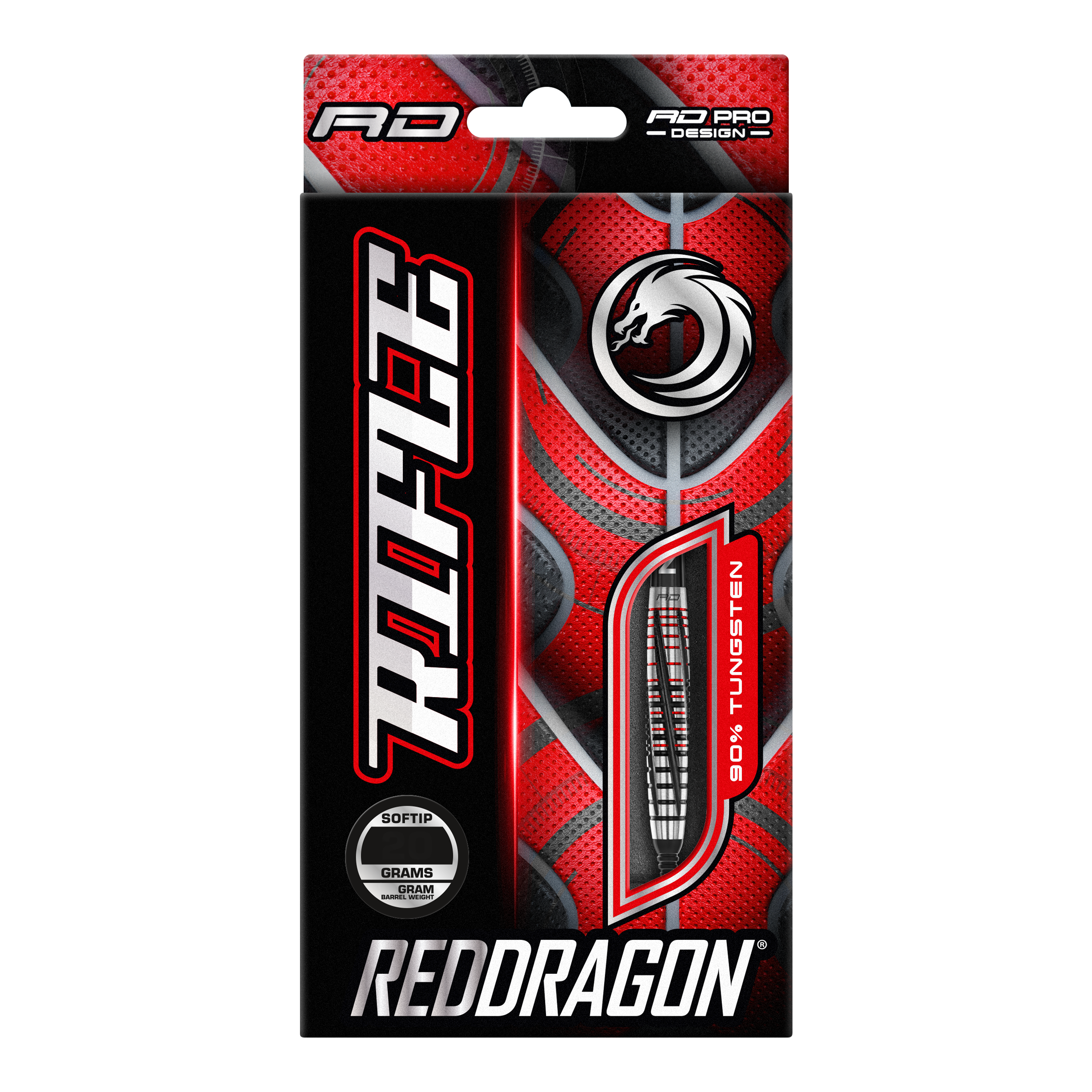 Miękkie lotki Red Dragon Rifle - 20g Die Abbildung zeigt die Verpackung der "Red Dragon Rifle Softdarts - 20g". Das Design ist auffällig in Rot und Schwarz gehalten und zeigt eine Abbildung eines Dartpfeils.