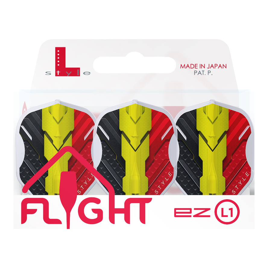 L-Style V-Series V1 Typ C Belgia Przezroczysta biel L1EZ Loty Das Bild zeigt eine Packung mit drei L-Style V-Series V1 Type C Belgium Clear White L1EZ Flights. Die Flights sind in den Farben Schwarz, Gelb und Rot gestaltet und werden in einer Verpackung mit der Aufschrift "Made in Japan" präsentiert.