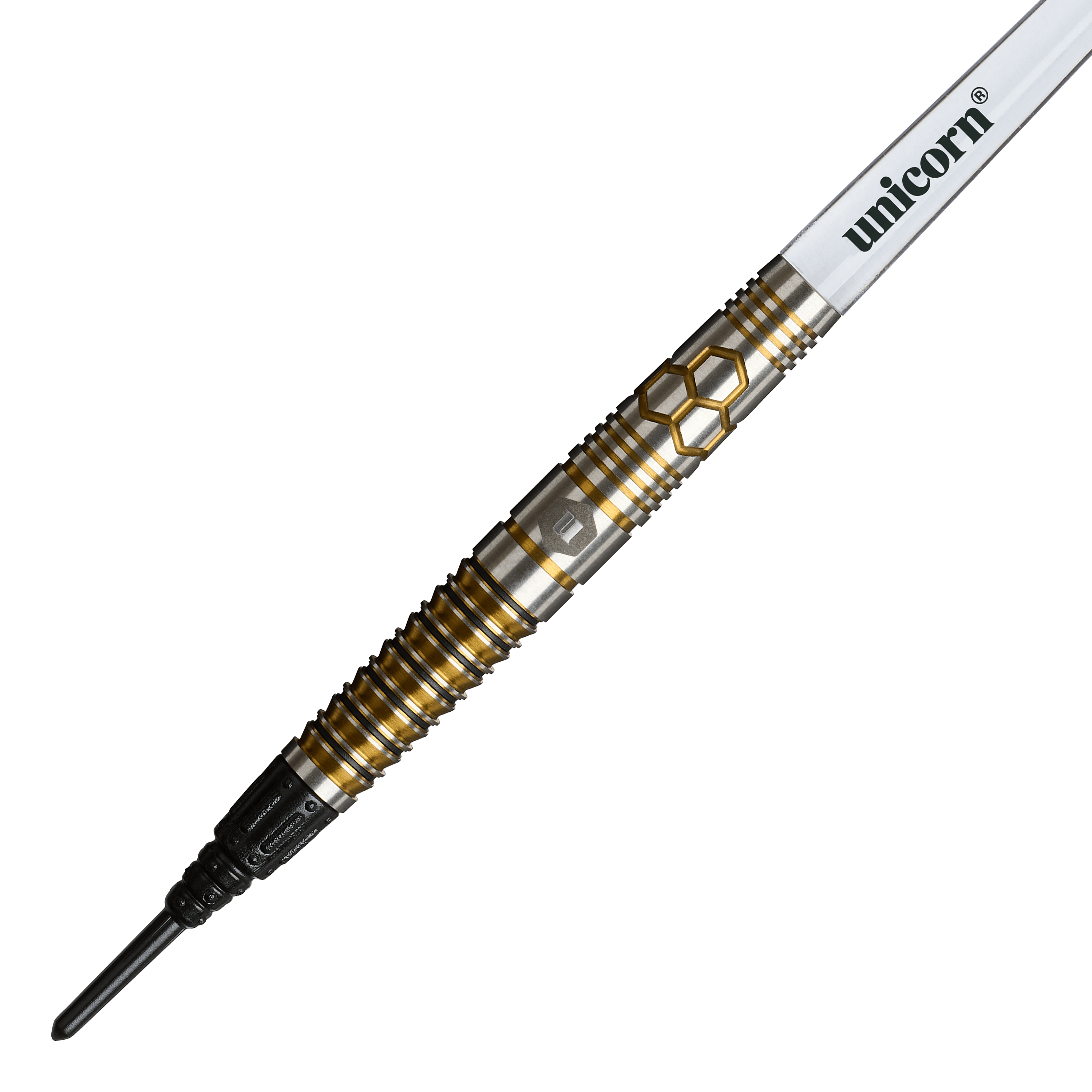 Unicorn Hexium Style 03 Gold & Black Soft Darts - 23g Das Foto zeigt Unicorn Hexium Style 03 Gold & Black Softdarts, 23g. Die Darts haben ein modernes Muster in Gold und Schwarz.