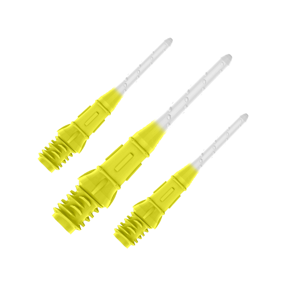 Dwukolorowe pomadki w stylu L Premium (opakowanie 30 sztuk) Auf dem Bild sind drei gelb-weiße Dartspitzen zu sehen. Sie sind nebeneinander angeordnet und wirken modern sowie hochwertig verarbeitet.