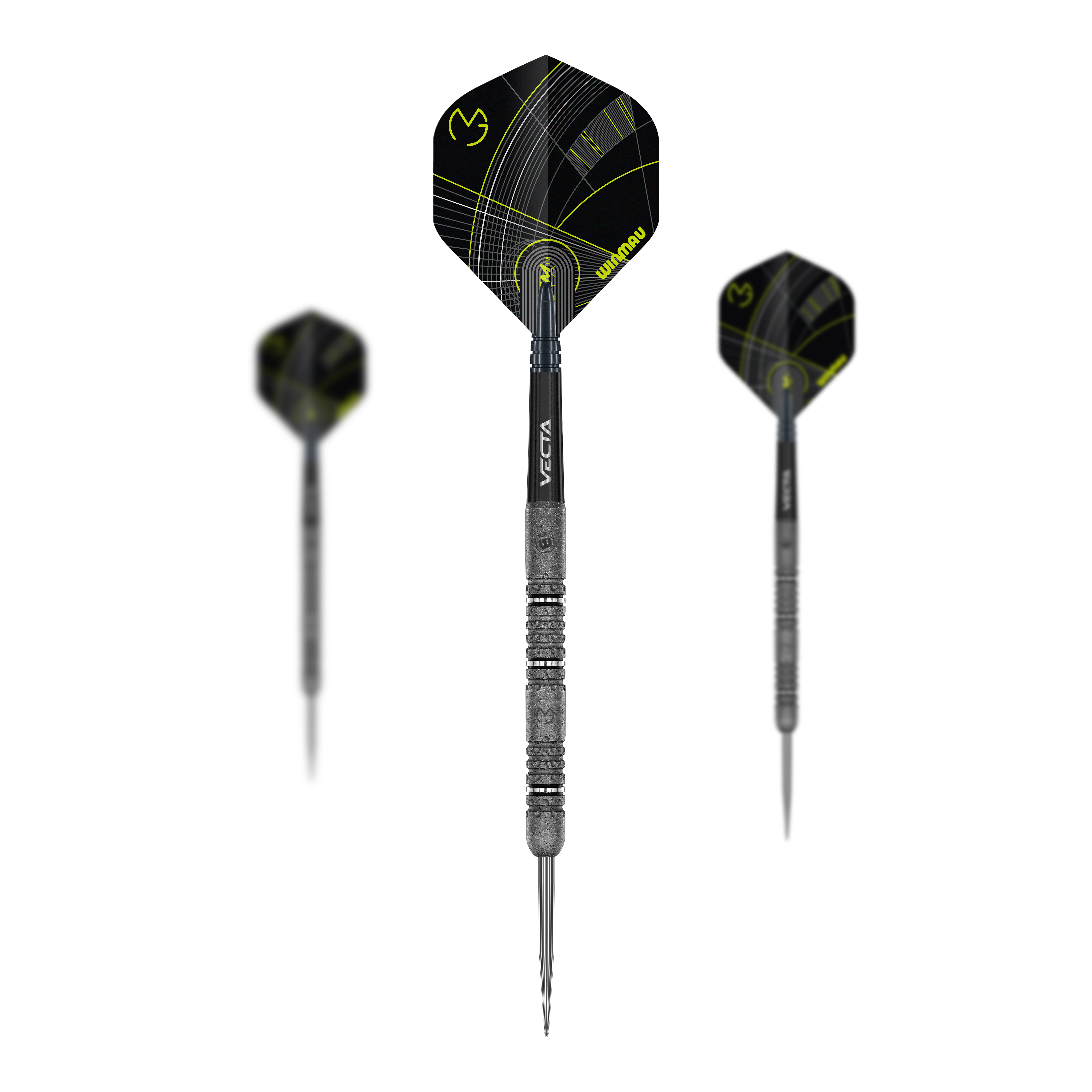 Auf dem Bild sind die Winmau Michael Van Gerwen Signature Edition Steeldarts als Set zu sehen. Dieses Dartset ist ideal für Sammler und ambitionierte Spieler.