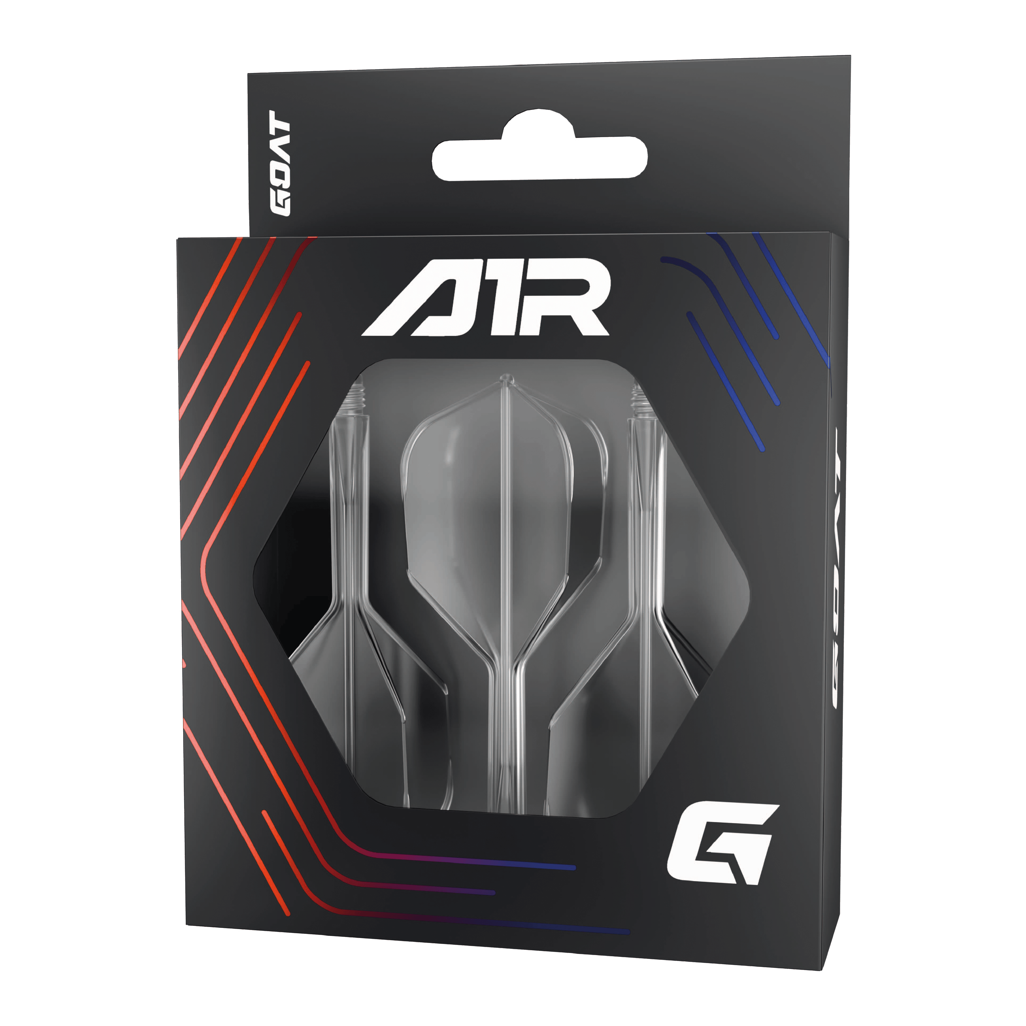 System wału lotniczego GOAT A1R No6 - przezroczysty Die Abbildung zeigt das Produkt "GOAT A1R No6 Flight-Shaft-System - Clear" in einer schwarzen Verpackung mit Sichtfenster. In der Packung sind drei klare Flight-Shaft-Systeme für Dartpfeile zu sehen.