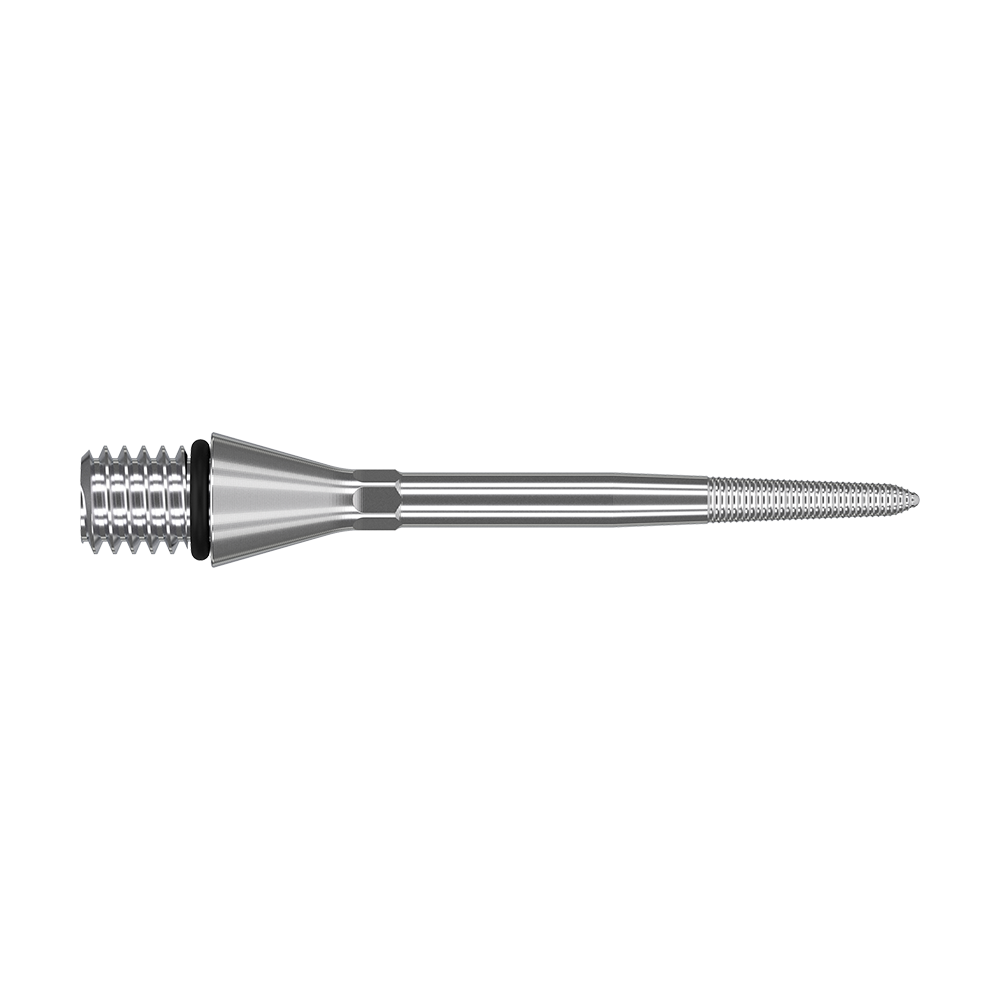 380169_Target_Titanium_Swiss_Point_Nano_Conversion_Points_Silber_30mm_2 Das Bild zeigt eine silberne, metallische Dartspitze mit Gewinde. Die Spitze ist schlank und hat eine glatte, glänzende Oberfläche.