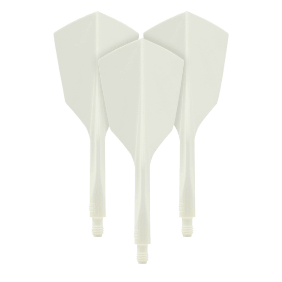 System lotu Condor AX 120 biały - wąski Auf dem Bild sind drei weiße Dartflights aus dem Set "Condor Axe 120 Flight-System White - Narrow" zu sehen. Die Flights haben eine schmale Form und sind miteinander verbunden.