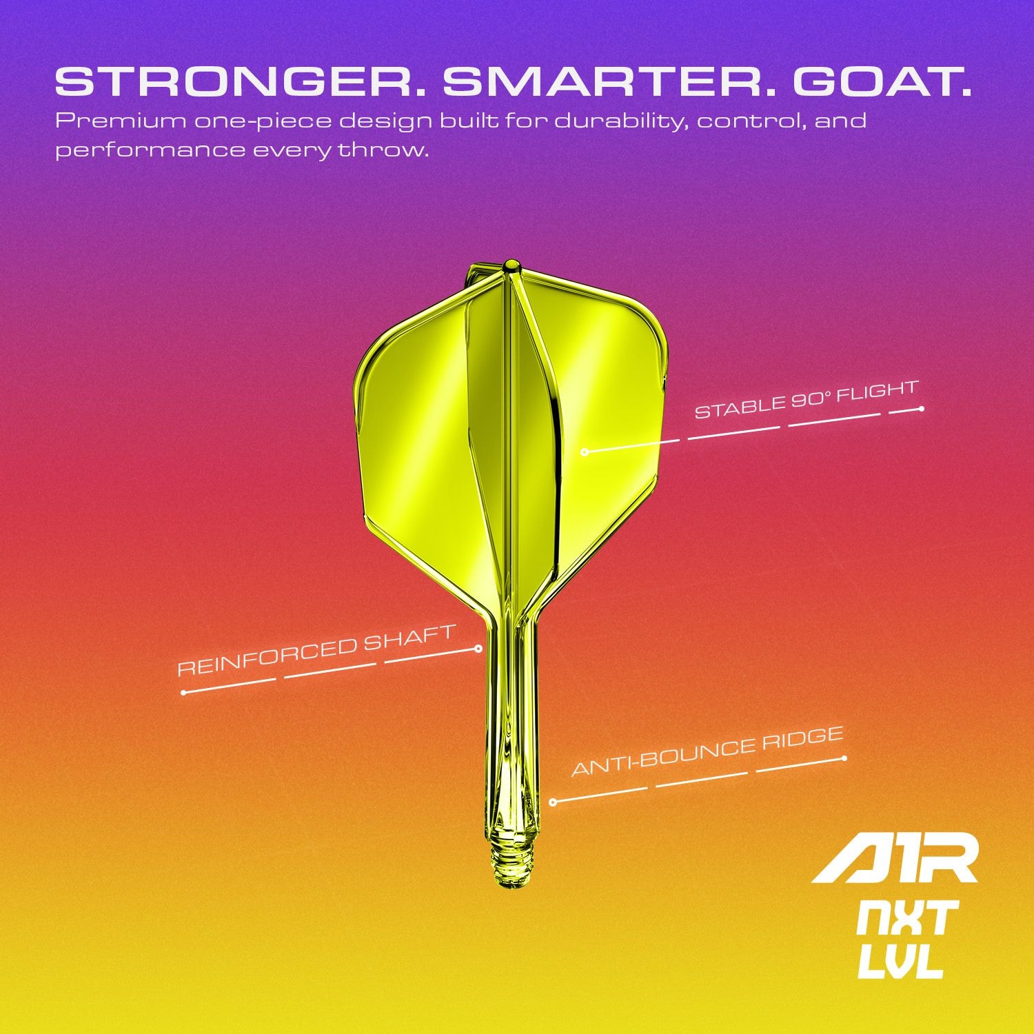 System wału lotniczego GOAT A1R No6 - neonowożółty Das Bild zeigt das GOAT A1R No6 Flight-Shaft-System in Neon Gelb aus einer anderen Perspektive. Das Produkt ist für Dartspieler geeignet.