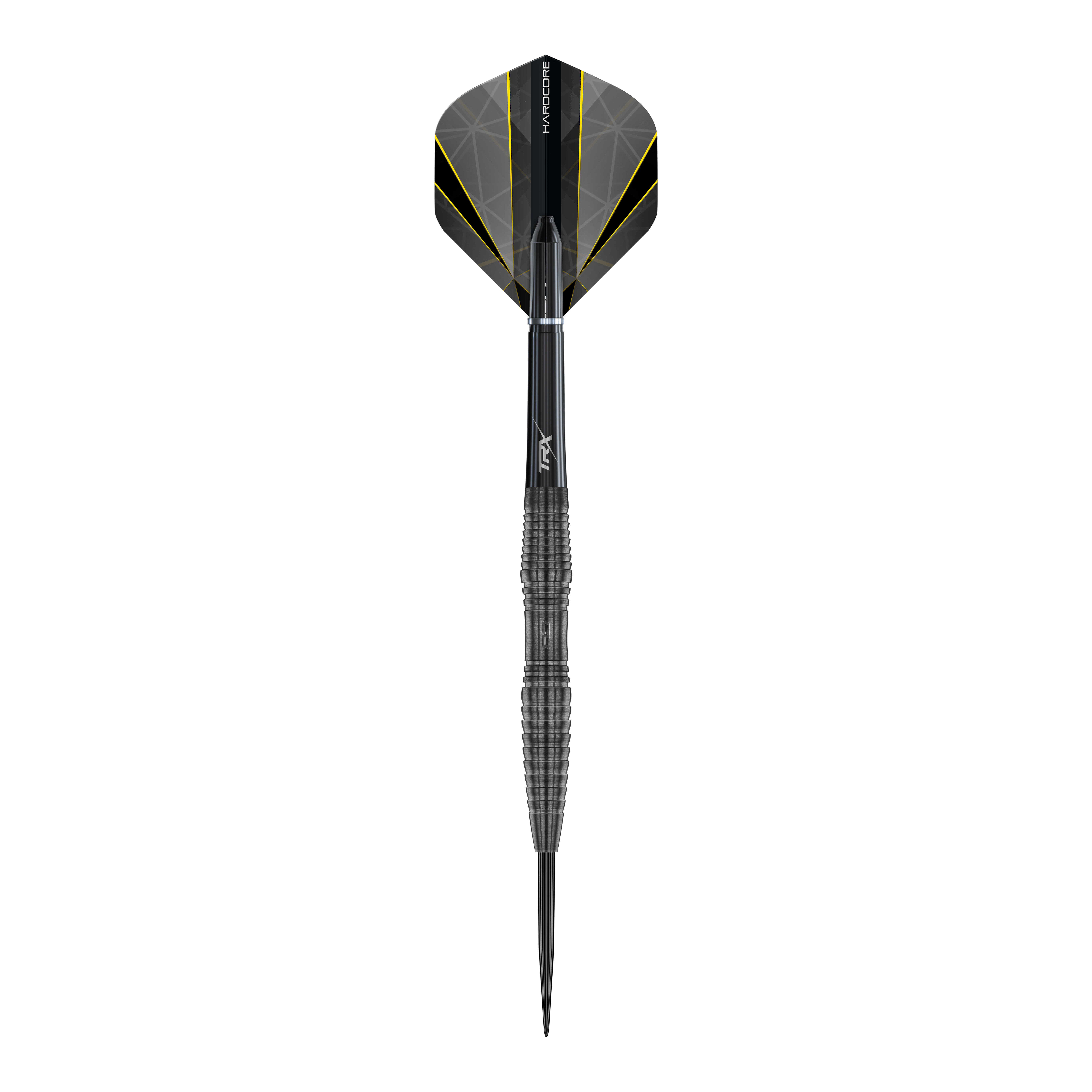 Red Dragon Seren 3 Onyx Steeldarts Das Bild zeigt einen einzelnen Steeldart namens "Red Dragon Seren 3 Onyx". Der Dart ist hauptsächlich schwarz mit einem auffälligen Design und gelben Akzenten auf den Flights.
