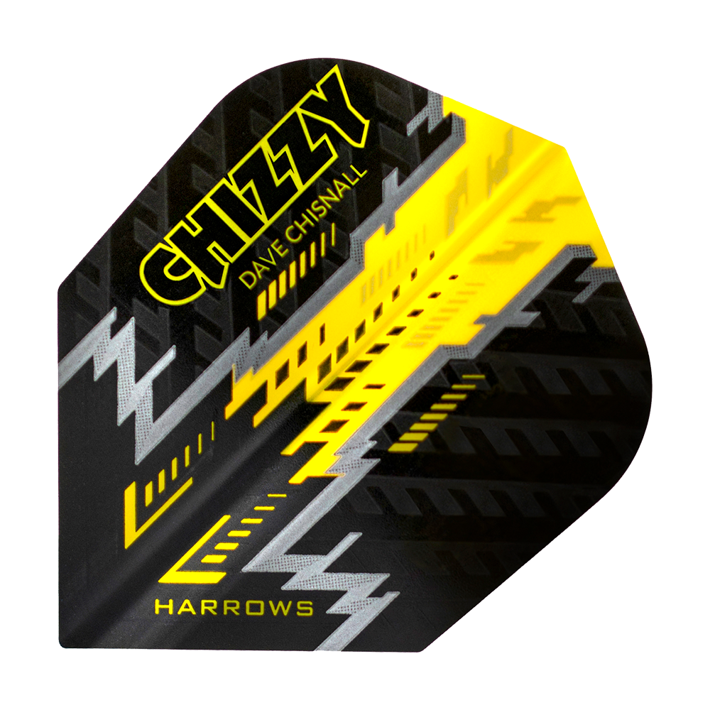 HR7532_Harrows_Dave_Chisnall_Prime_Schwarz_Gelb_No6_Flights_1 Das Bild zeigt ein Dartflight mit dem Namen "Harrows Dave Chisnall Prime Schwarz Gelb No6". Das Design ist überwiegend schwarz mit gelben und silbernen grafischen Elementen und der Aufschrift "CHIZZY" und "HARROWS".