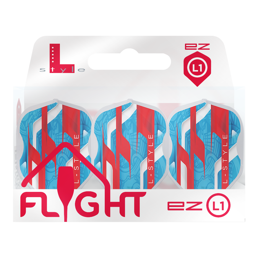 Auf dem Bild ist eine Verpackung mit drei blauen Dart-Flights mit roten und weißen Akzenten zu sehen. Die Marke "L-Style" und das Modell "EZ L1" sind auf der Verpackung deutlich erkennbar.