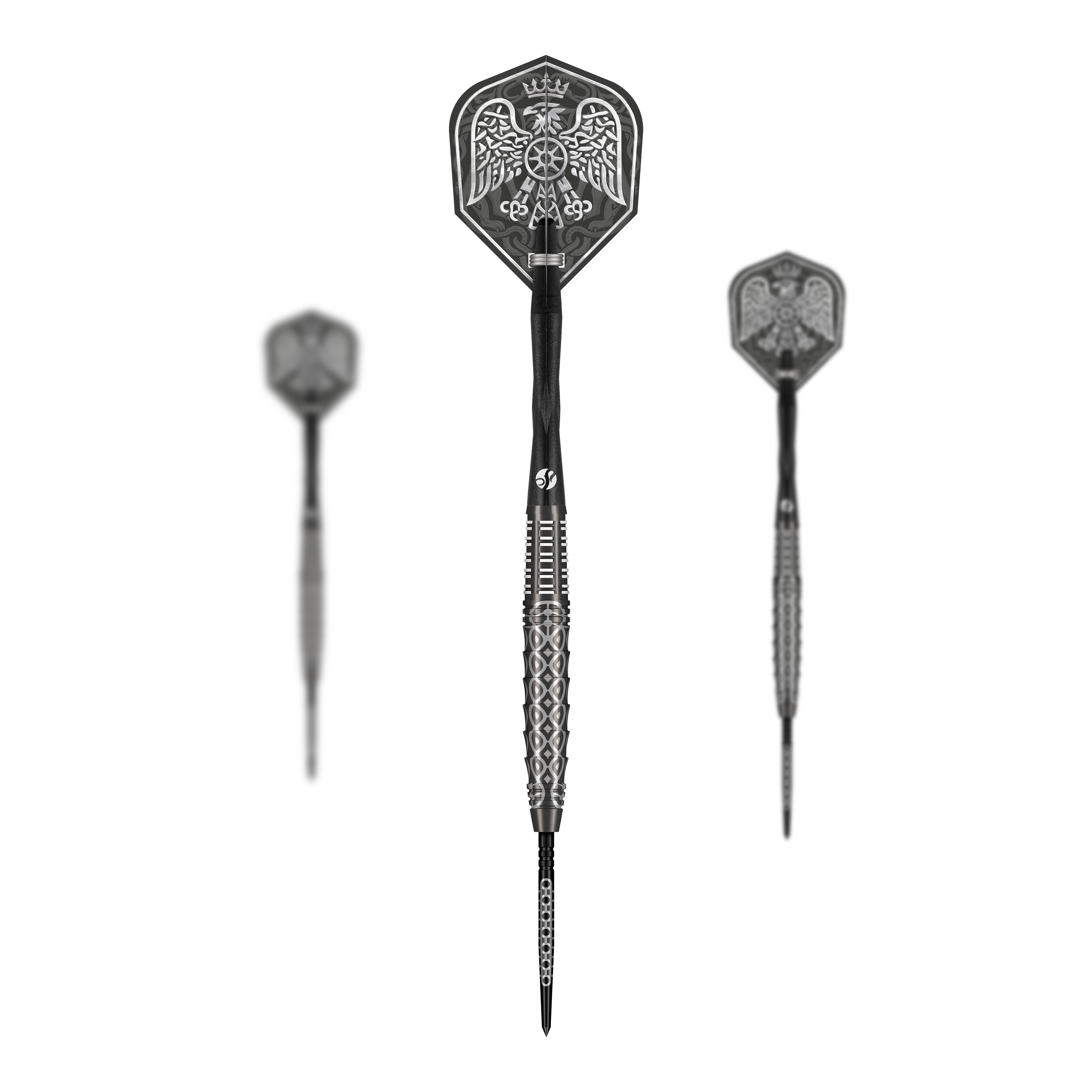 Lotki stalowe Shot Goths Wulfaz Turbo Point - 23g Das Bild zeigt das Shot Goths Wulfaz Turbo Point Steeldarts - 23g Set. Alle Teile des Dart Sets sind deutlich zu erkennen.