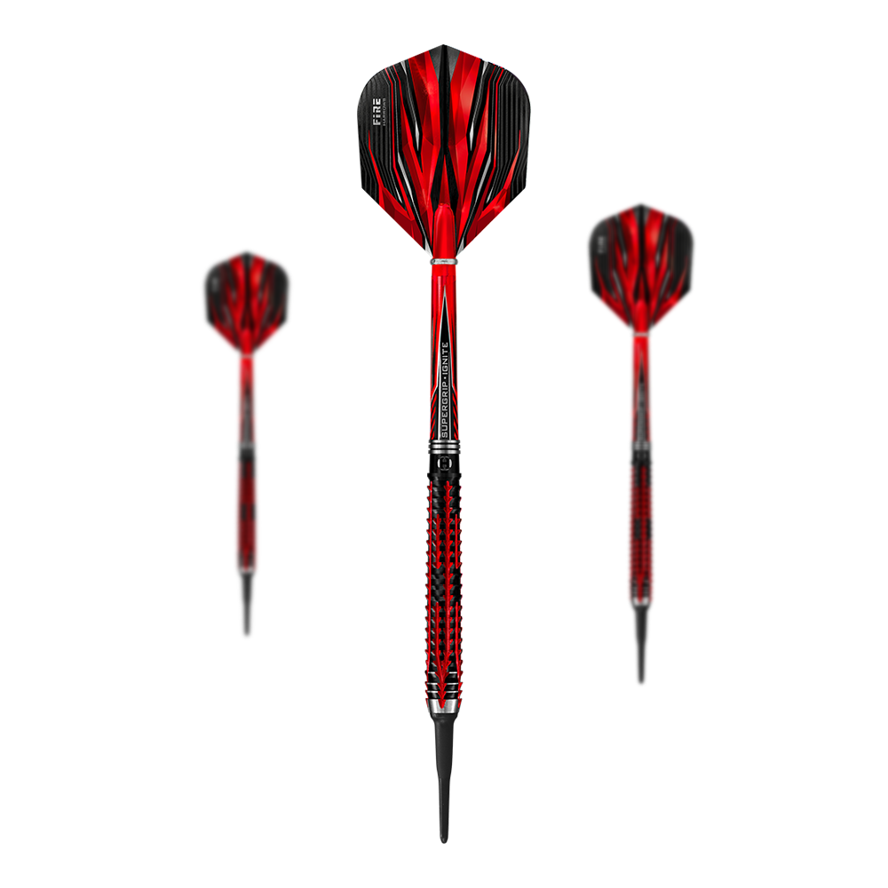 Miękkie rzutki Harrows Fire Inferno Das Bild zeigt drei Harrows Fire Inferno Softdarts mit auffälligem rot-schwarzem Design. Die Darts haben spitze Kunststoffspitzen und strukturierte Griffe.