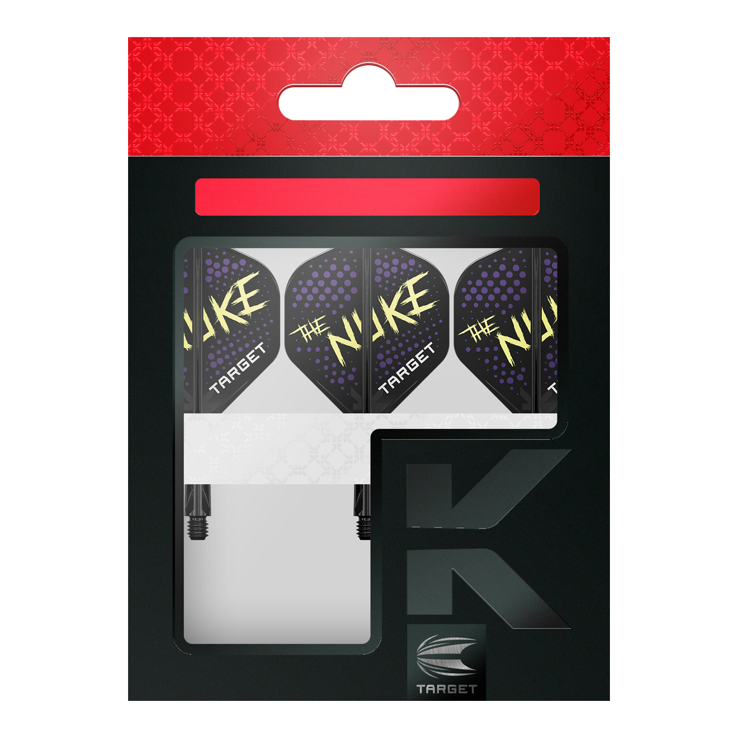 Target K-Flex Luke Littler Black No2 Standard Flight System Auf dem Bild ist eine Packung mit Dartflights der Marke Target zu sehen. Die Flights sind schwarz mit lilafarbenen Punkten und dem gelben Schriftzug "The Nuke".