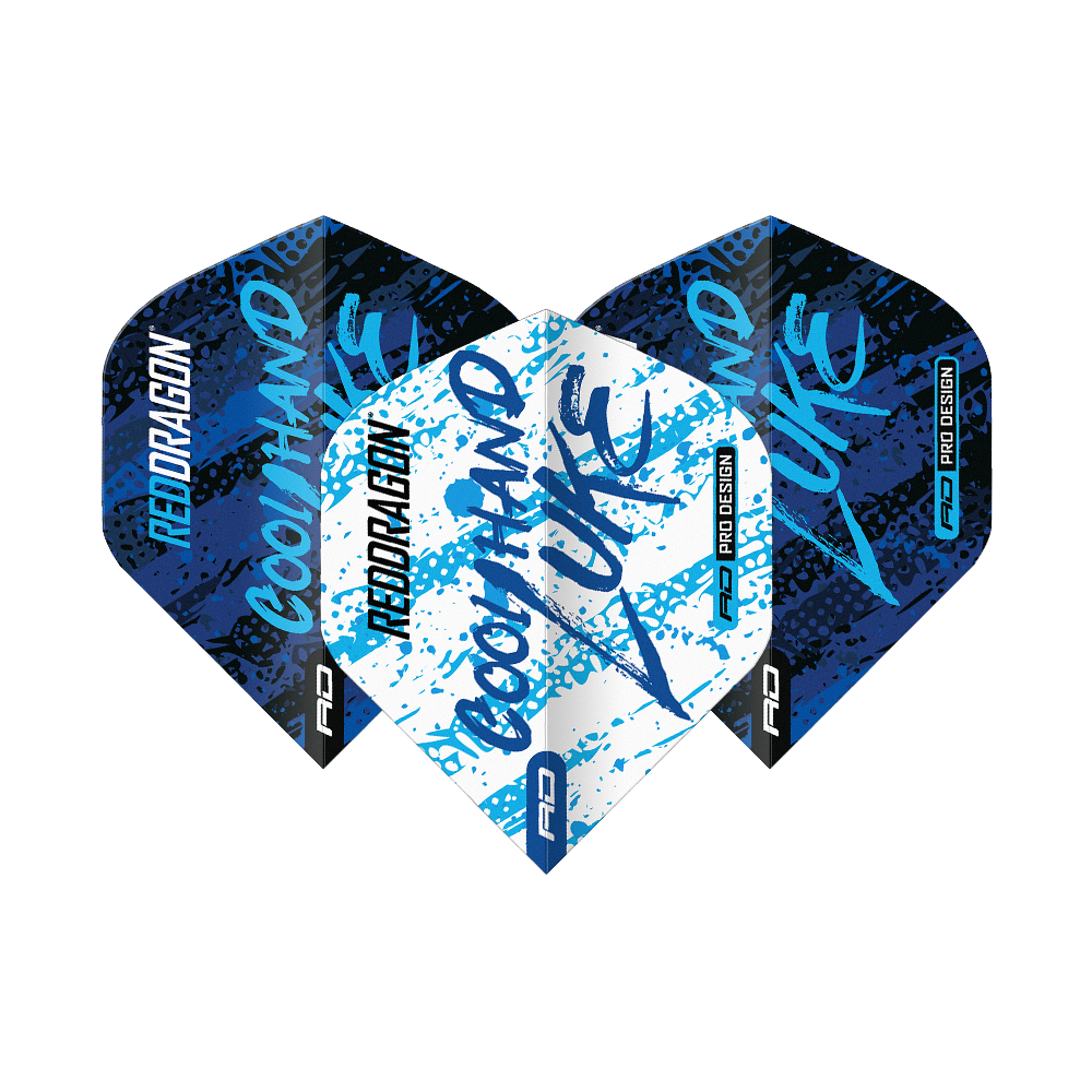 Czerwony Smok Luke Humphries Mistrz Świata Niebieski Biały Yin Yang Standardowe Loty Das Bild zeigt drei Dart-Flights mit dem Design "Red Dragon Luke Humphries World Champion Blue White Yin Yang". Die Flights sind in Blau, Weiß und Schwarz gehalten und tragen die Aufschrift "Cool Hand Luke".