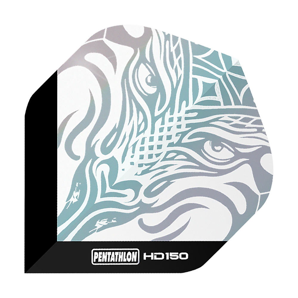 Pentathlon HD150 Metallic Clear Standard Flights Das Bild zeigt das Produkt "Pentathlon HD150 Metallic Clear Standard Flights". Auf dem Flight ist ein stilisiertes, metallisch schimmerndes Muster zu sehen, das an ein Tiergesicht erinnert.
