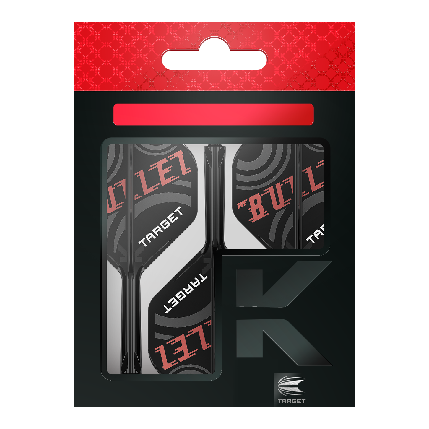 System wałów lotniczych Target K-Flex Stephen Bunting No2 Standard Die Abbildung zeigt eine Verpackung der "Target K-Flex Stephen Bunting No2 Standard Flights". Die Flights sind schwarz, weiß und rot gestaltet und tragen die Aufschrift "THE BULLET" sowie "TARGET".