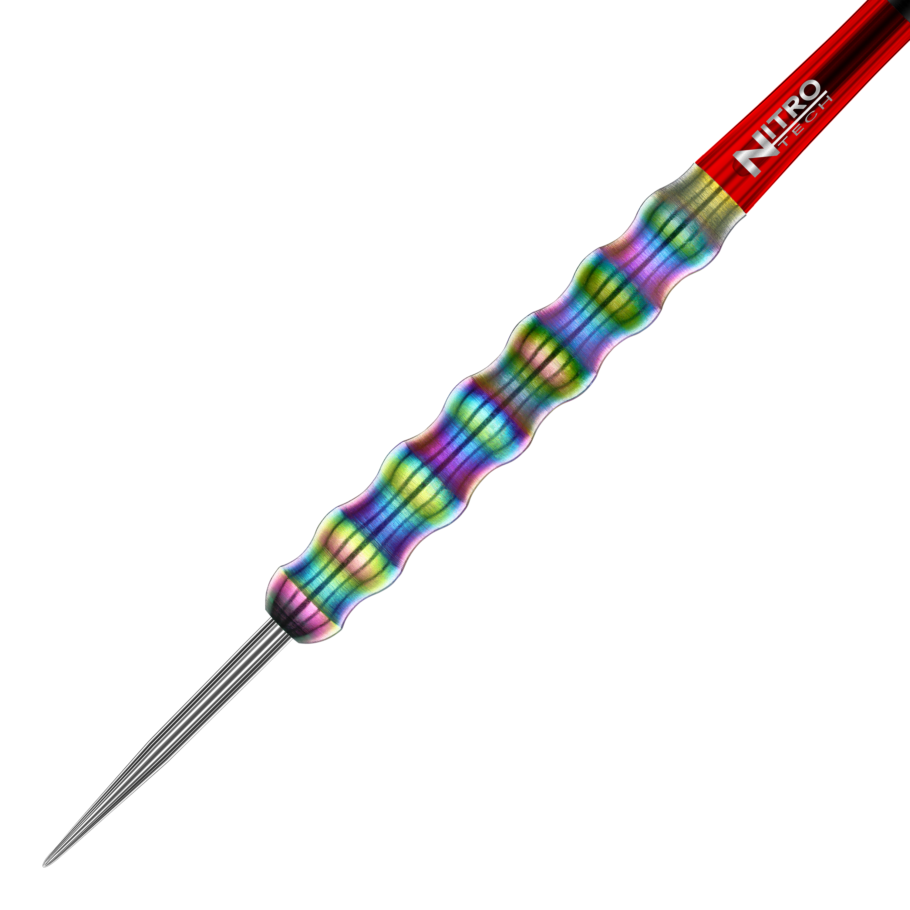 Das Bild zeigt einen bunten Steeldart aus der "Red Dragon 50 Year Collection Shockwave" mit einem Gewicht von 26g. Der Dart hat einen geriffelten, regenbogenfarbenen Griff und eine rote Nitro Tech-Schafte.
