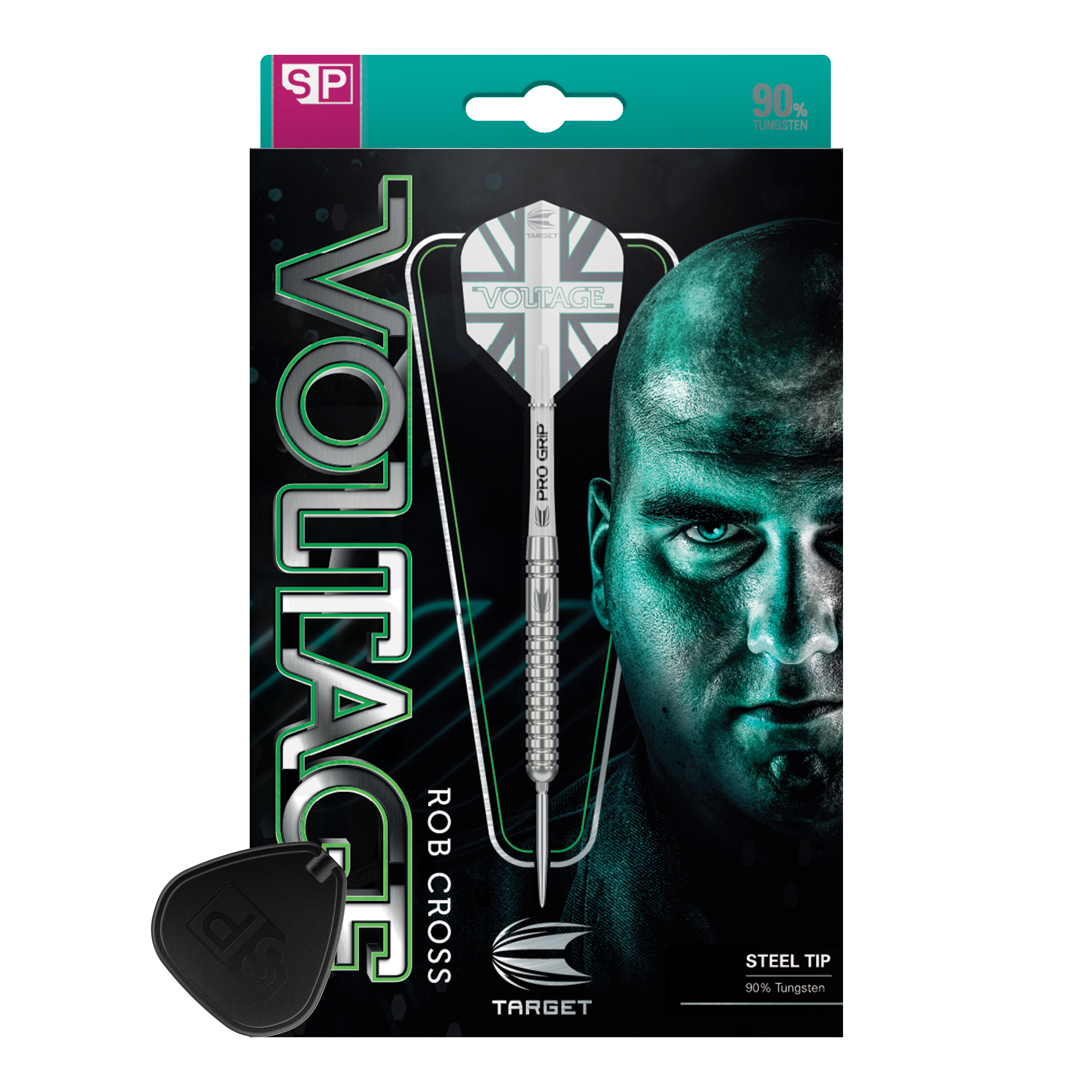 Das Bild zeigt die Verpackung der "Target Rob Cross Voltage Swiss Point Steeldarts". Auf der Verpackung sind ein Dartpfeil und das Gesicht eines Mannes prominent abgebildet.