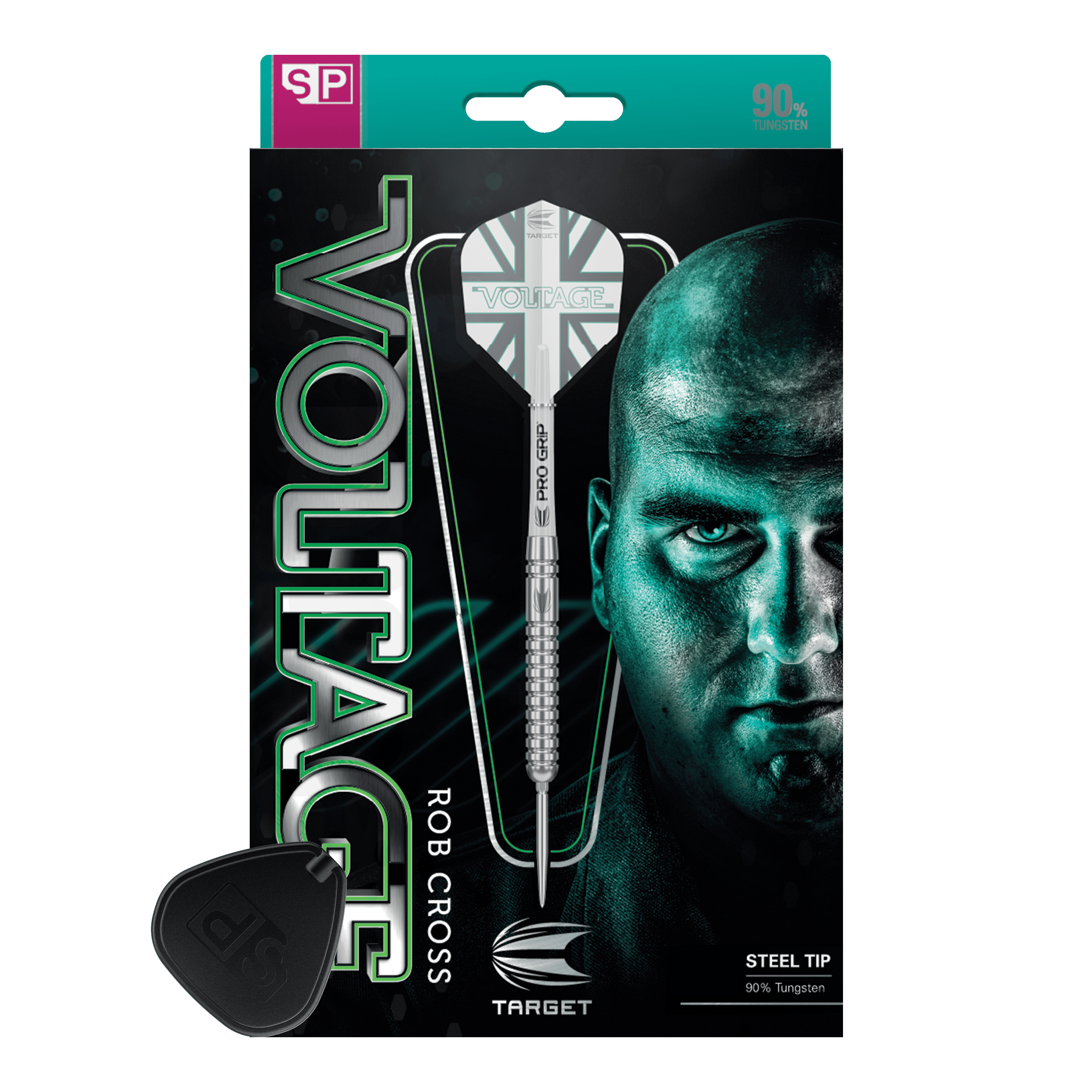 Lotki stalowe Target Rob Cross Voltage Swiss Point Das Bild zeigt die Verpackung der "Target Rob Cross Voltage Swiss Point Steeldarts". Auf der Verpackung sind ein Dartpfeil und das Gesicht eines Mannes prominent abgebildet.