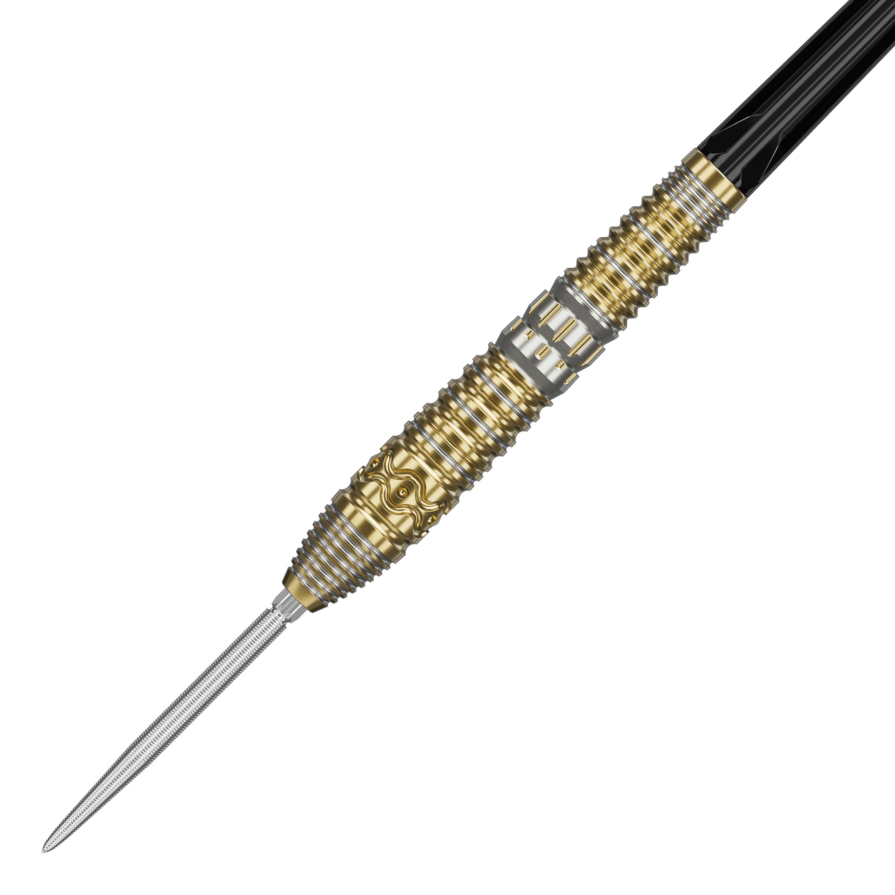 Stalowe lotki Target Japan Hot Shot GEN2 - 23 g Das Bild zeigt einen Target Japan Hot Shot GEN2 Steeldart mit einem Gewicht von 23g. Der Steeldart hat ein auffälliges Design mit goldenen und silbernen Rillen und Mustern am Barrel.