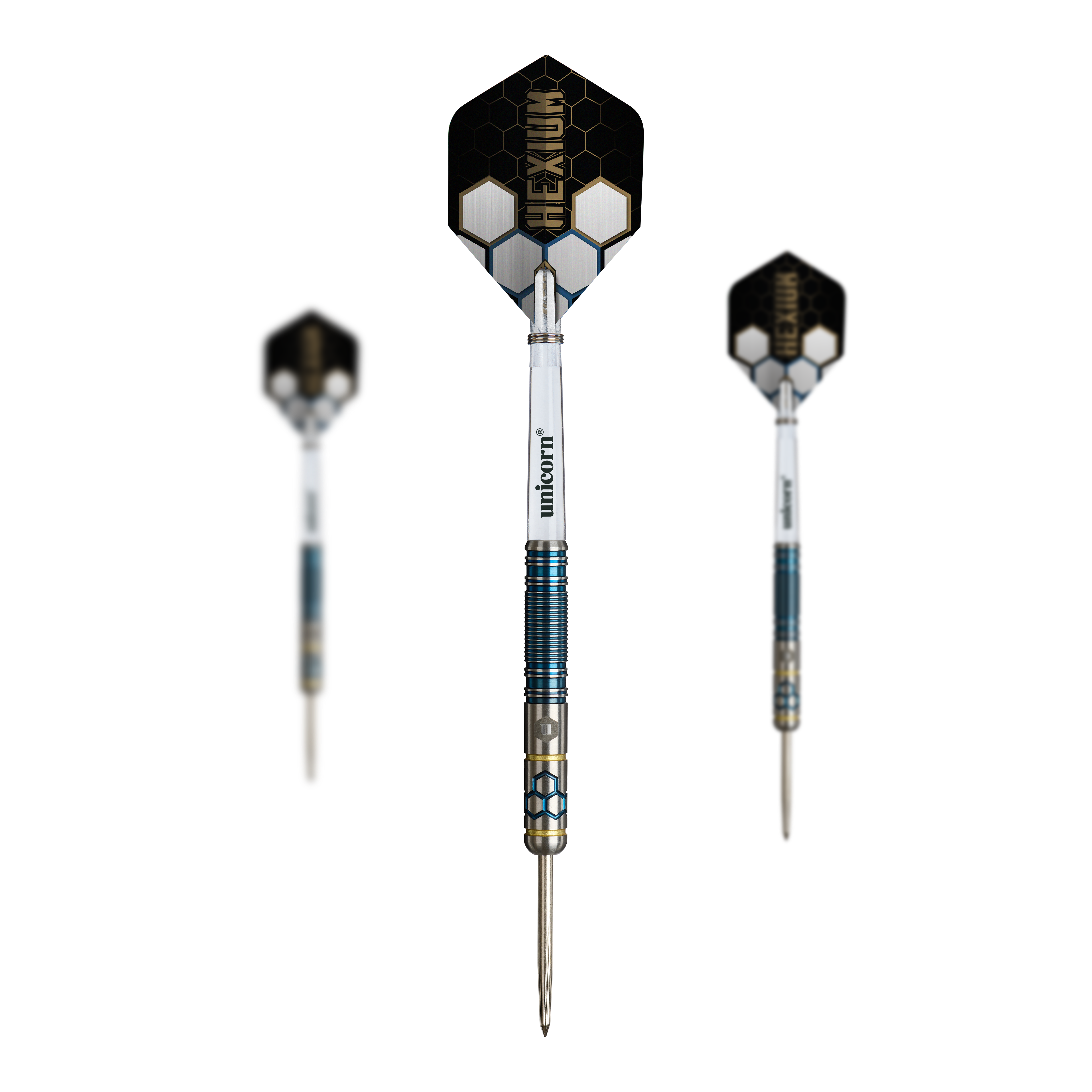 Unicorn Hexium Style 02 Niebieskie i złote Steeldarts Auf dem Bild ist ein Set der Unicorn Hexium Style 02 Blue & Gold Steeldarts abgebildet. Das Set enthält Steeldarts in eleganten Farben.