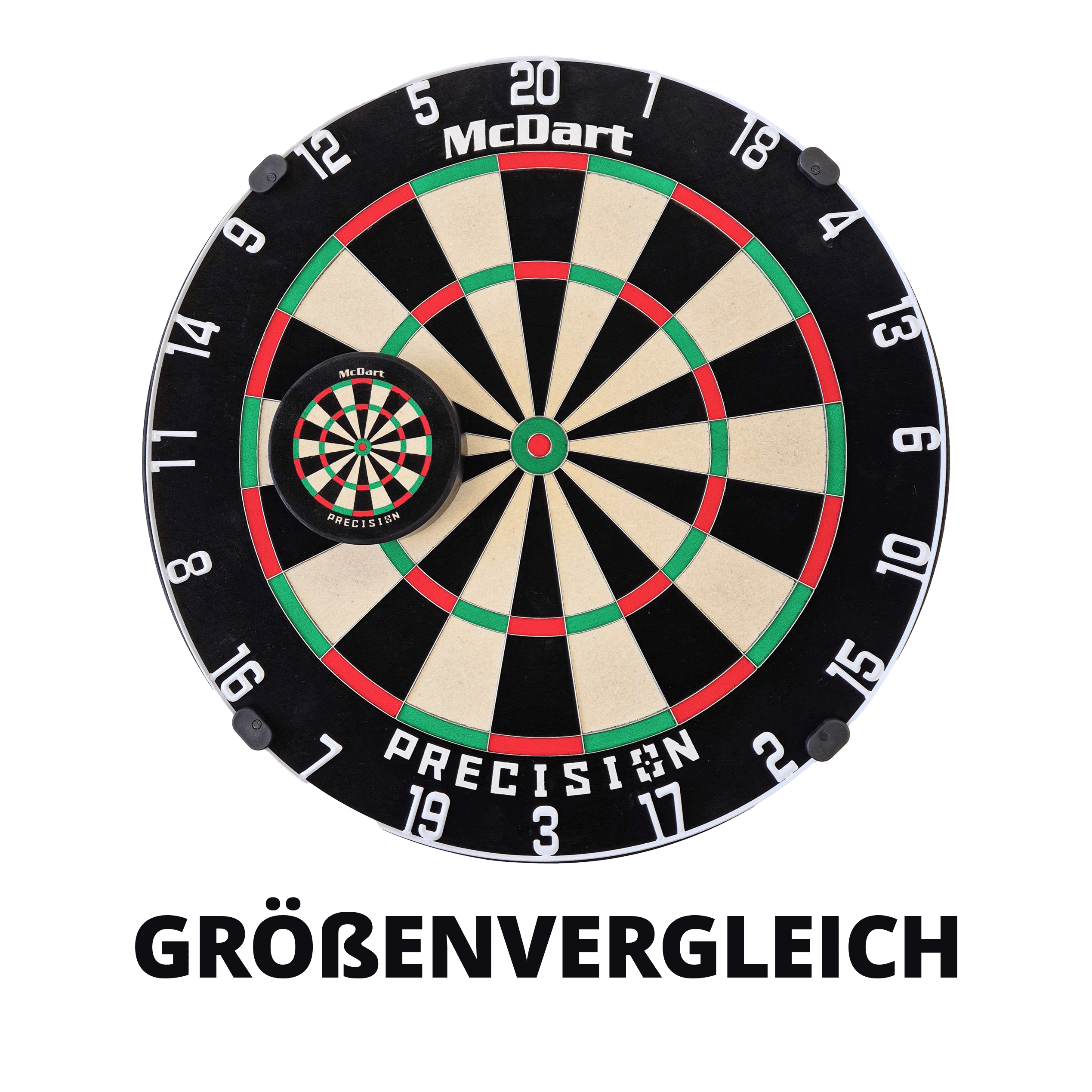 Uchwyt na rzutki McDart Precision Mini Dartboard Das Bild zeigt zwei McDart Präzisions-Dartscheiben in unterschiedlichen Größen übereinandergelegt. Im Vordergrund ist eine kleine Mini-Dartscheibe auf einer großen Dartscheibe zu sehen.