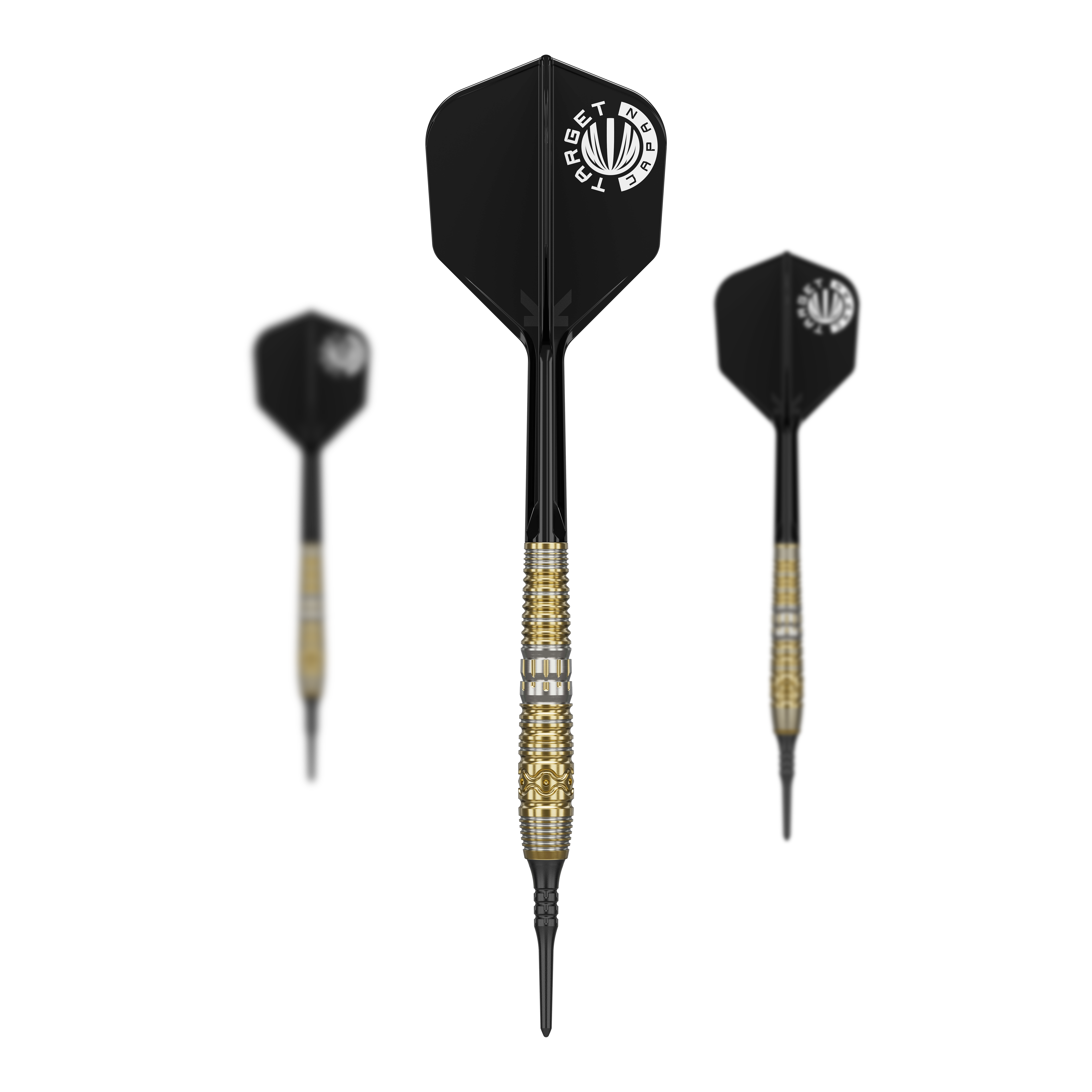 Lotki miękkie Target Japan Hot Shot GEN2 – 19 g Auf dem Bild sind drei Softdarts des Produkts "Target Japan Hot Shot GEN2 Softdarts - 19g" zu sehen. Die Darts haben schwarze Flights und goldene Griffe mit feinen Gravuren.