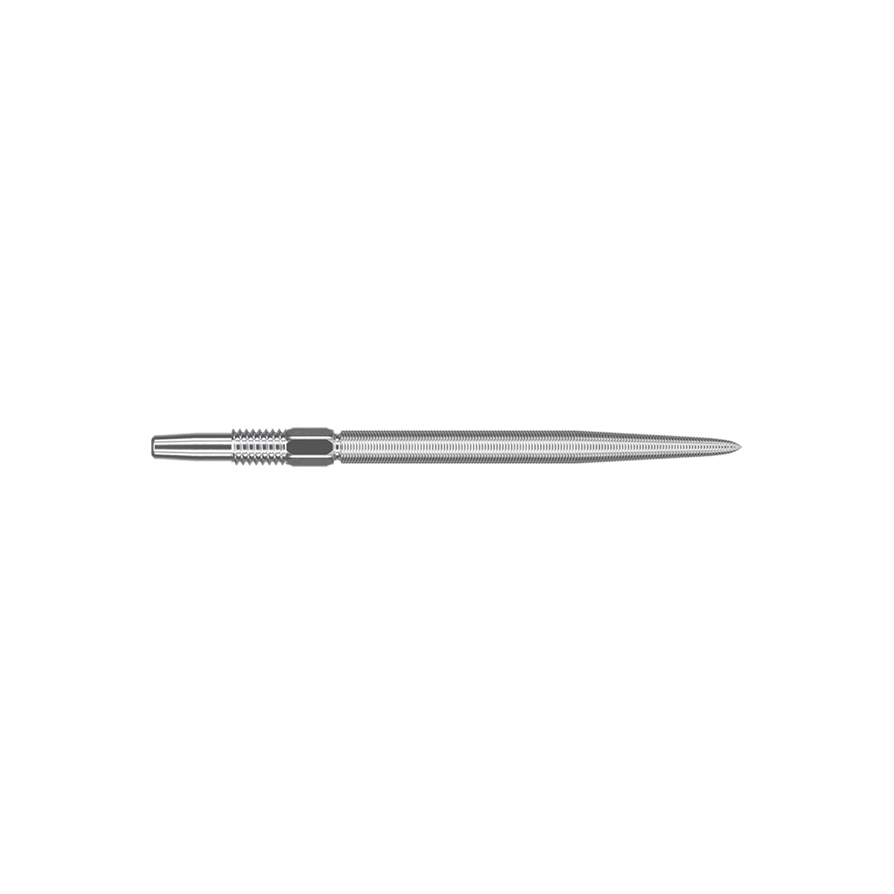 Końcówki do rzutek Target Swiss Point Nano Dart - srebrne Das Bild zeigt eine silberne Dartspitze in schlanker, länglicher Form. Die Oberfläche ist fein geriffelt und sieht präzise verarbeitet aus.