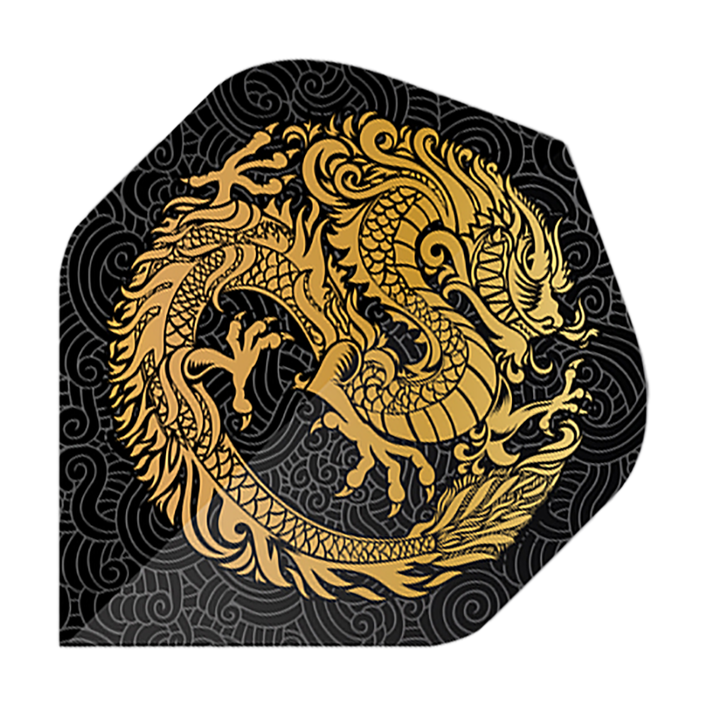 Pentathlon Flights Dragon czarny Das Bild zeigt die Pentathlon Dragon 2 Standard Flights. Auf schwarzem Hintergrund ist ein goldener Drache kunstvoll dargestellt.