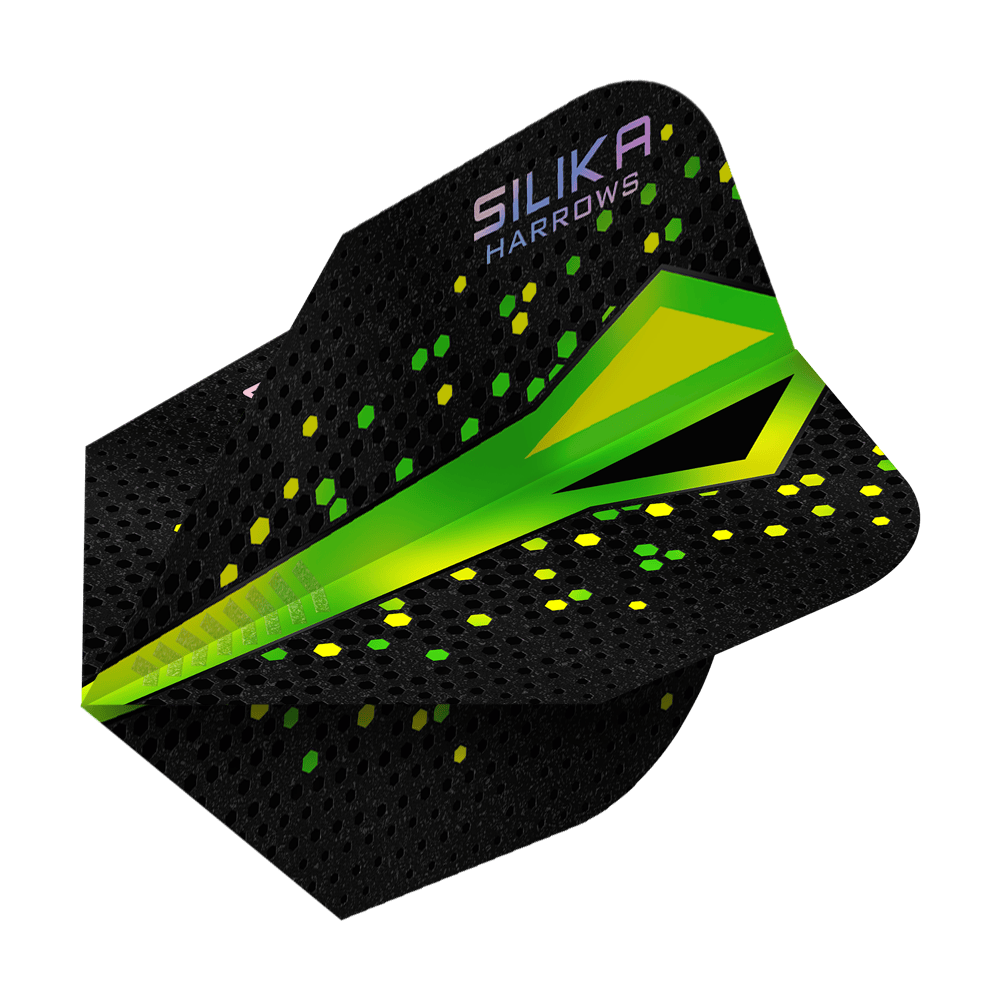 Powłoka krystaliczna Harrows Silika Colourshift Tough Crystalline Coating Green No6 Flights Das Bild zeigt ein Dartflight der Marke Harrows mit dem Namen „Silika Colourshift Tough Crystalline Coating Green No6“. Das Flight ist überwiegend schwarz mit grünen und gelben Akzenten sowie hexagonalen Mustern.