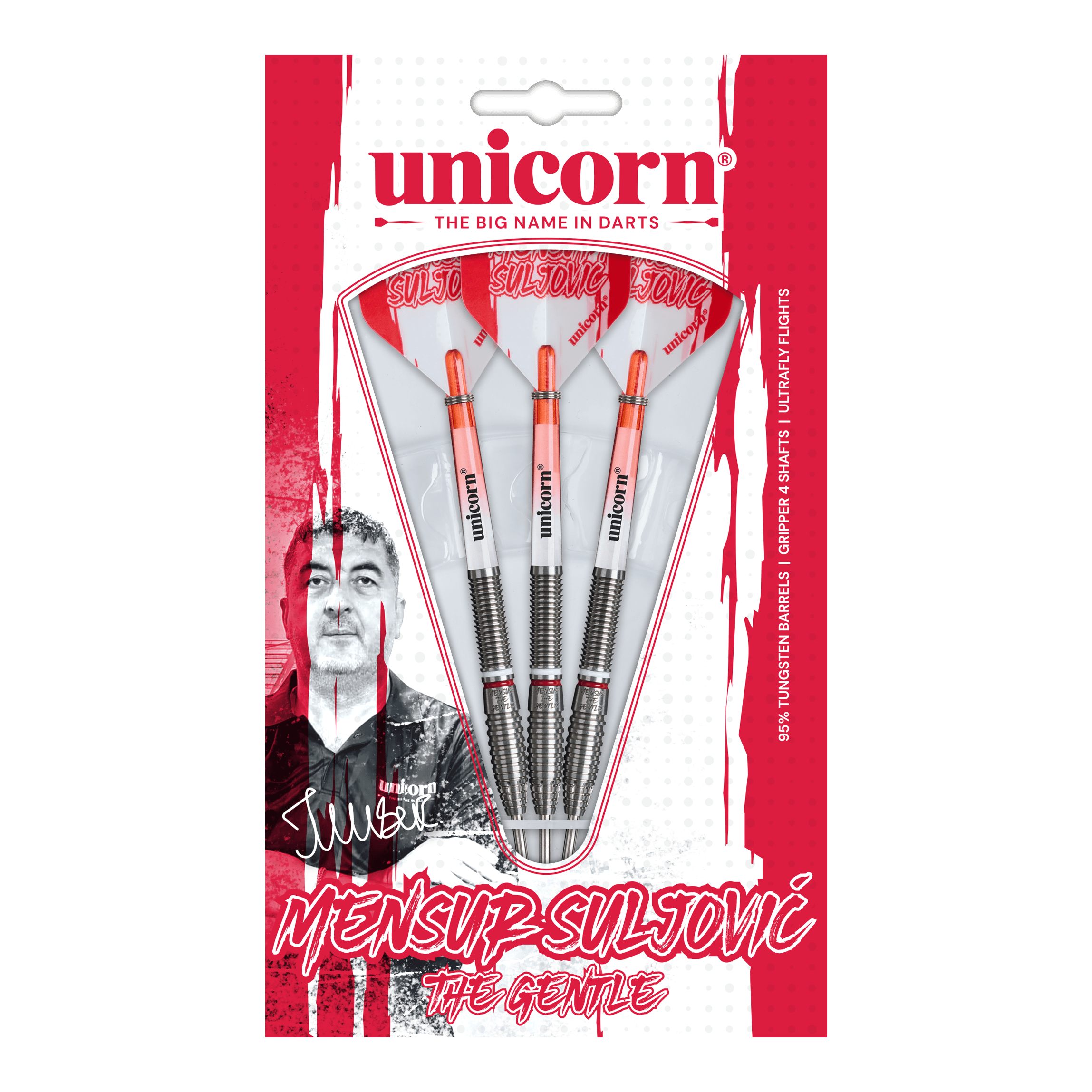 Unicorn Scale Suljovic The Gentle Steeldarts - 23g Abgebildet ist das Unicorn Mensur Suljovic The Gentle Steeldarts-Set mit 23g Gewicht. Diese Darts sind für alle gedacht, die Mensur Suljovic schätzen.