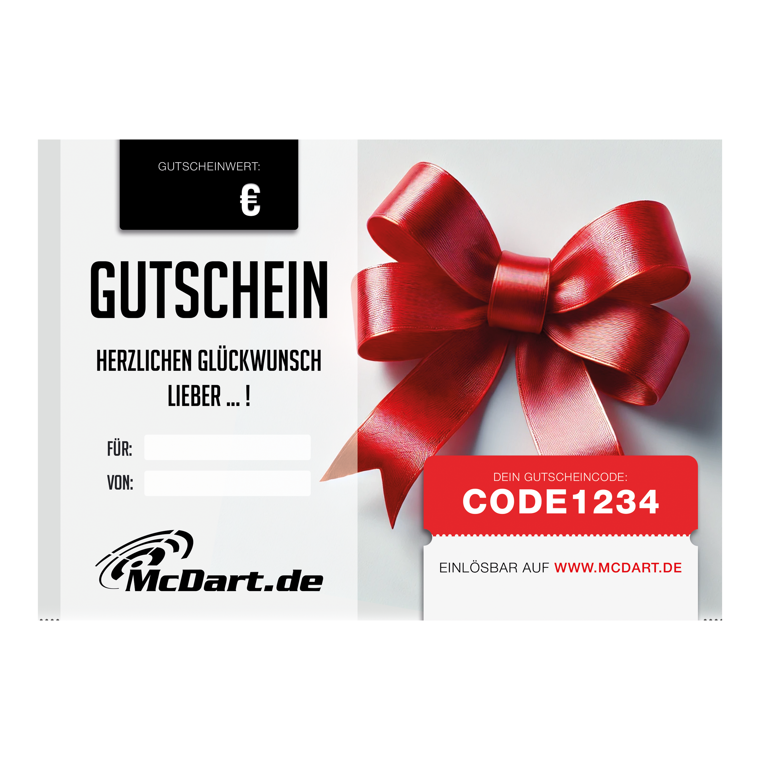 Voucher - Czerwona wstążka Das Bild zeigt einen Gutschein mit einer großen roten Schleife. Auf dem Gutschein steht „Herzlichen Glückwunsch“ und es gibt ein Feld für den Gutscheinwert sowie einen Gutscheincode.