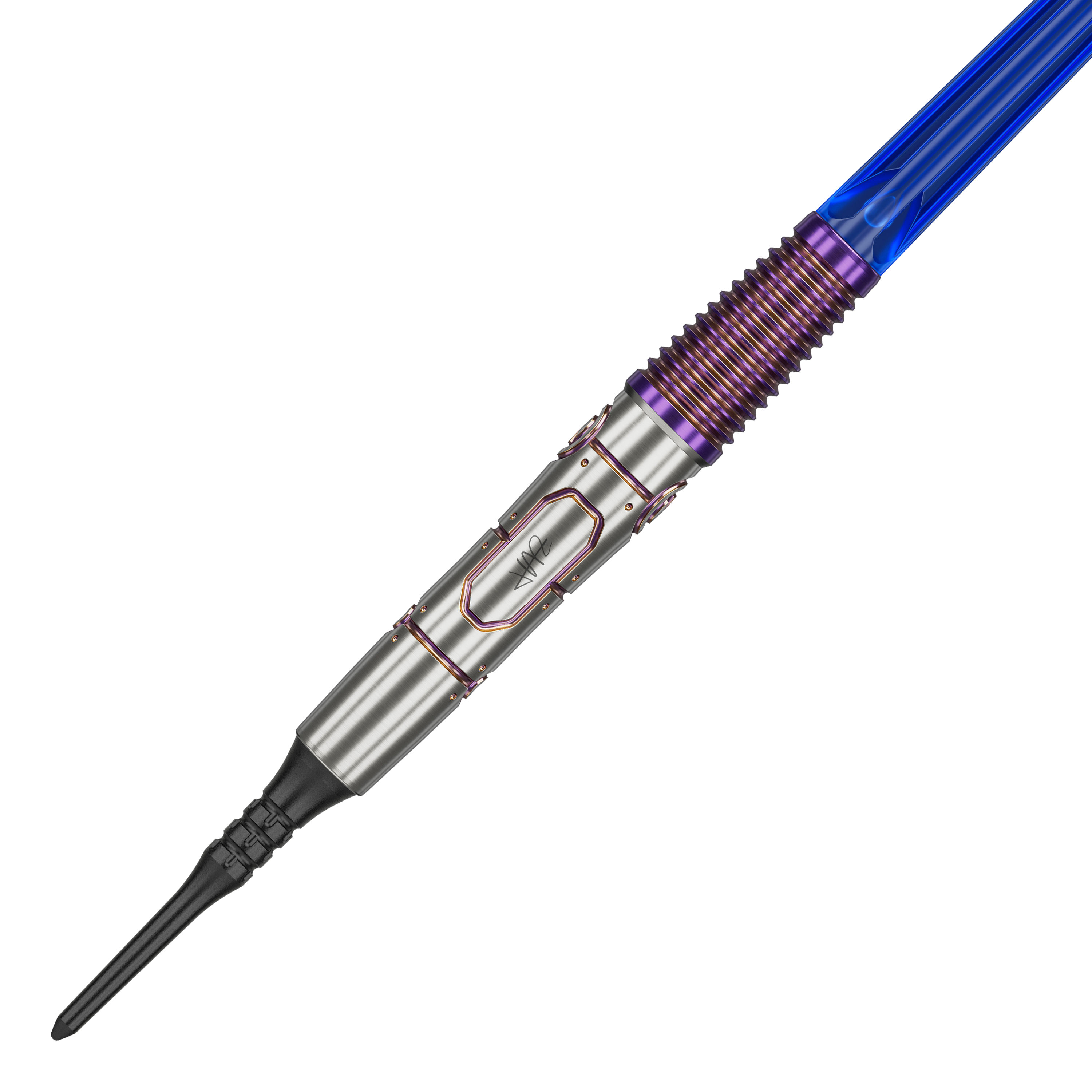 Das Bild zeigt den Target Japan Haruki Muramatsu Rising Sun GEN9 2BA Softdart mit einem Gewicht von 21,5g. Der Dart hat ein silbernes Barrel mit lilafarbenen und blauen Akzenten.