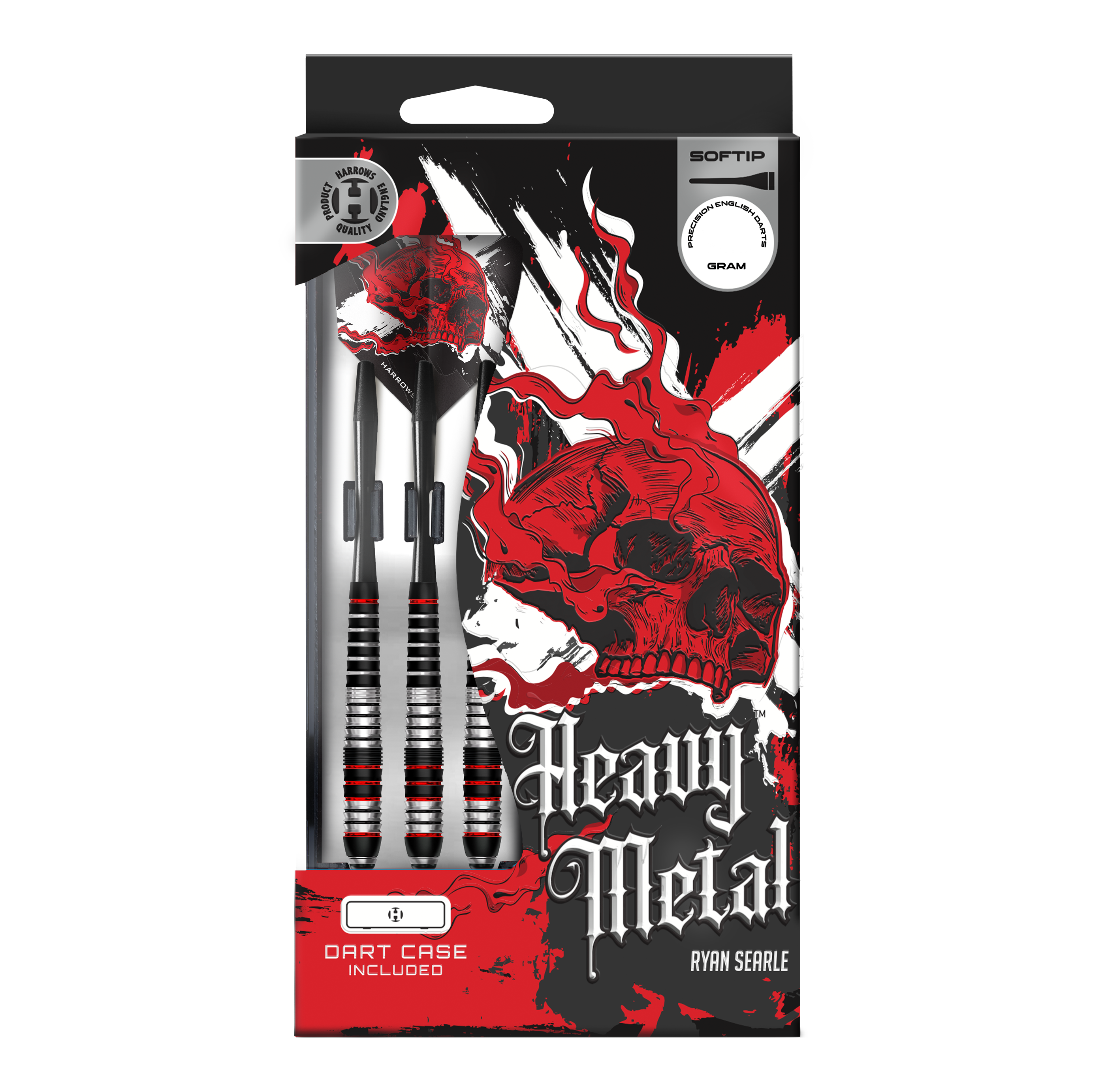 Das Bild zeigt Harrows Heavy Metal Ryan Searle Brass Softdarts. Die Darts werden aus Messing gefertigt und sind auf einer hellen Fläche angeordnet.