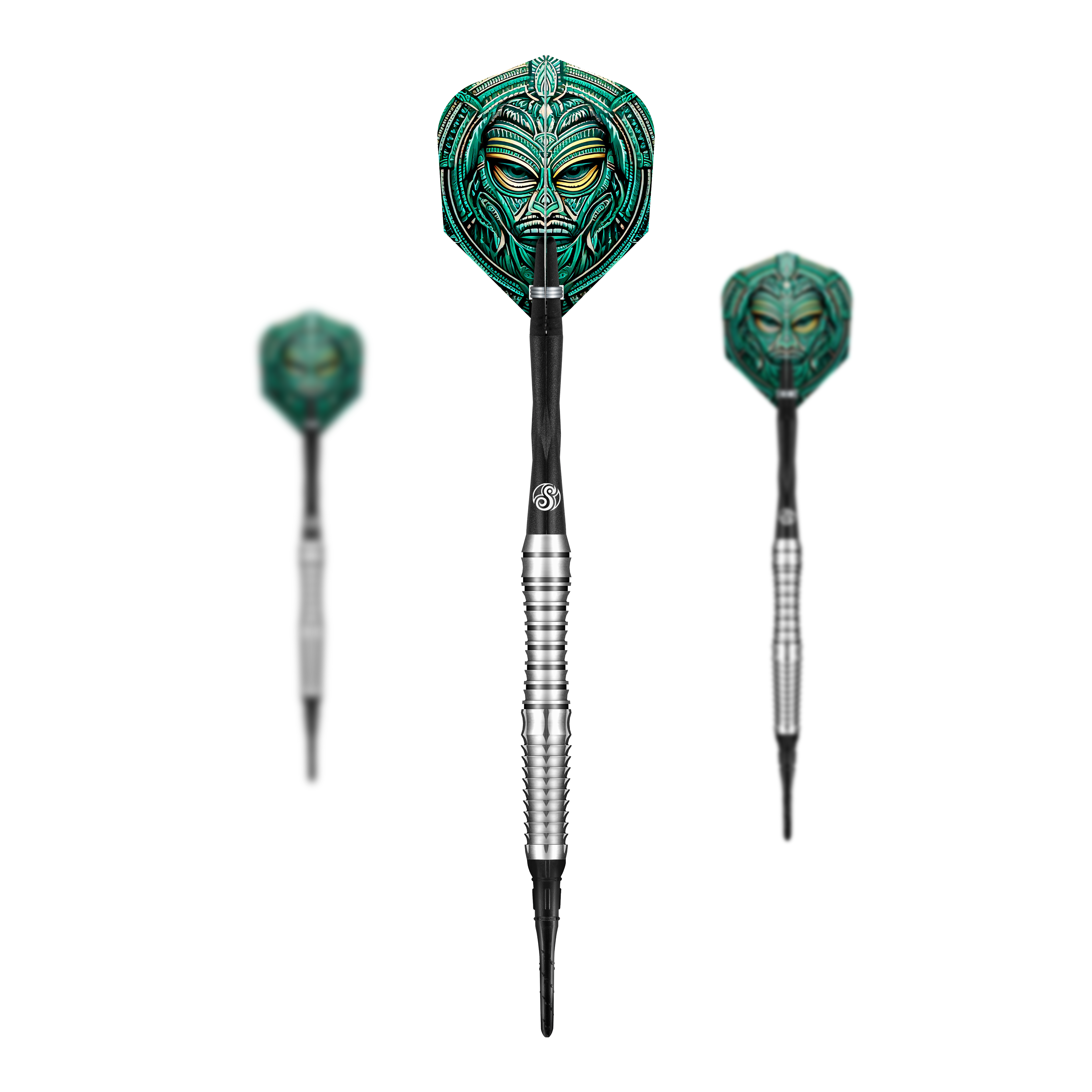 Miękkie lotki Shot Tribal Weapon Toki Das Bild zeigt drei Softdarts des Produkts "Shot Tribal Weapon Toki". Die Flights sind mit einem auffälligen, grün-türkisen Tribal-Motiv verziert.