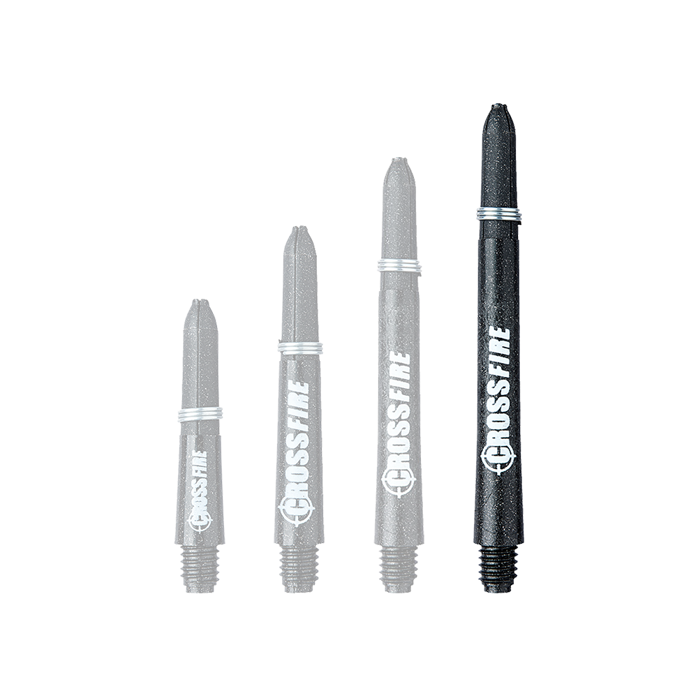 Das Bild zeigt vier unterschiedlich lange RedDragon Crossfire Carbon Fibre Shafts. Sie sind schwarz und tragen den weißen Schriftzug "CROSSFIRE".