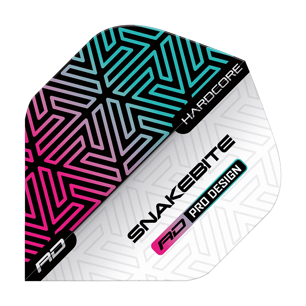 TF6842_Red_Dragon_Hardcore_Peter_Wright_Snakebite_White_Rainbow_Standard_Flights_1yVwJKB1udXLjj Das Bild zeigt ein Dartflight mit farbenfrohem, geometrischem Muster in Schwarz, Pink und Türkis. Auf dem Flight stehen die Wörter "SNAKEBITE", "HARDCORE" und "RD PRO DESIGN".