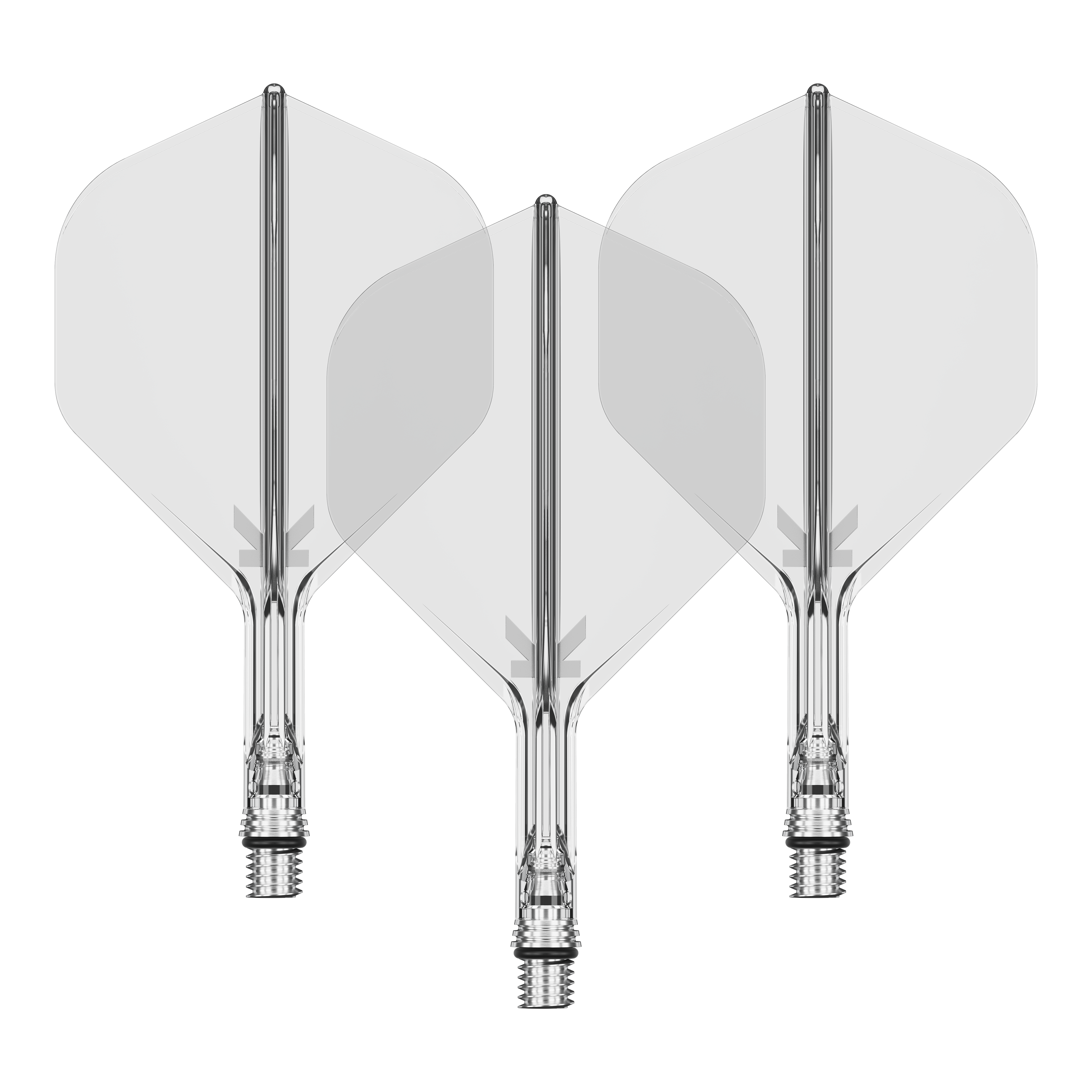 Das Bild zeigt ein Set von Target KShift No2 Standard Flights, klar, mit einer Größe von 19mm. Das Produkt ist ein Zubehör für Darts.