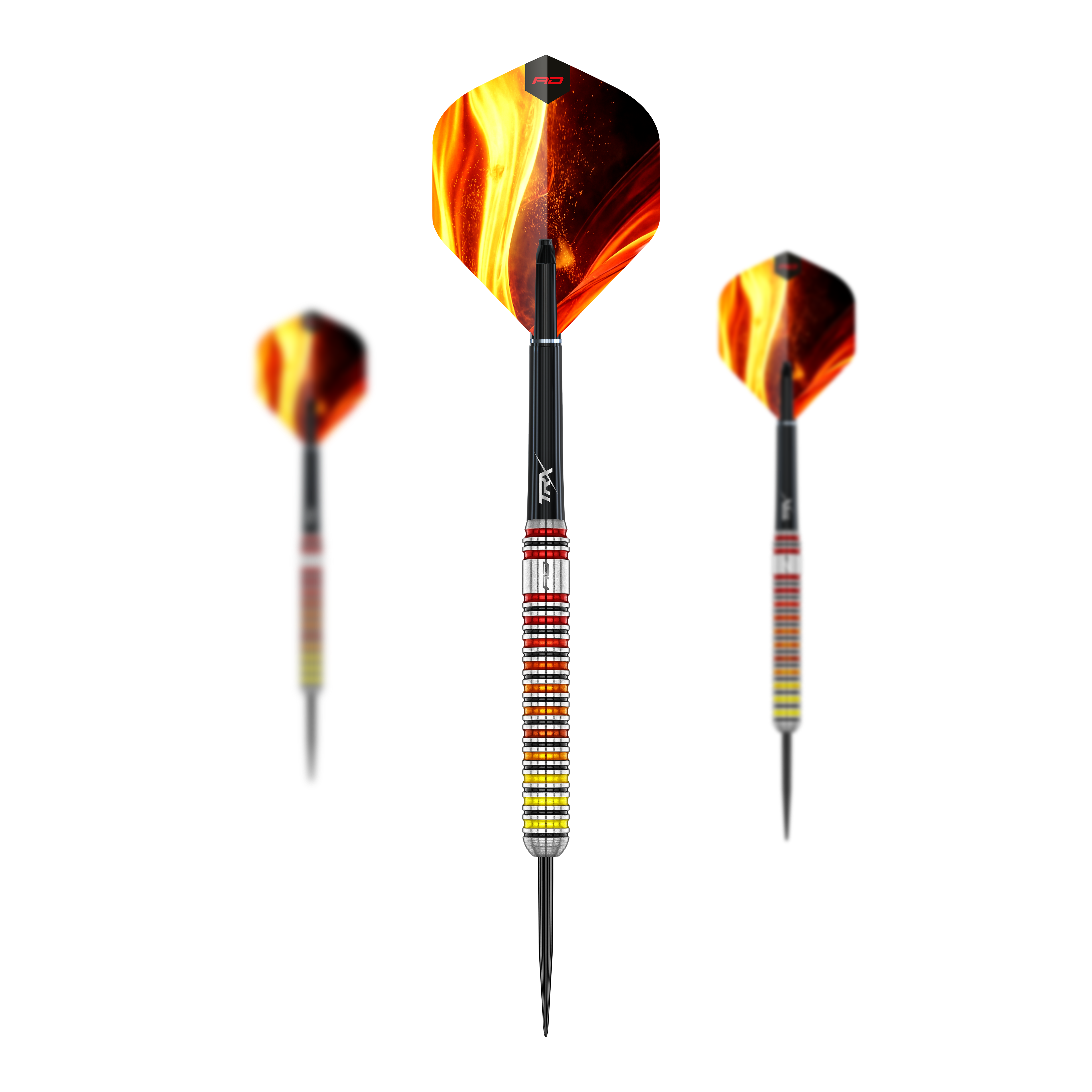 Stalowe rzutki Red Dragon Furnace Hier sehen Sie das Set der Red Dragon Furnace Steeldarts. Die Darts sind in einer geordneten Anordnung dargestellt.