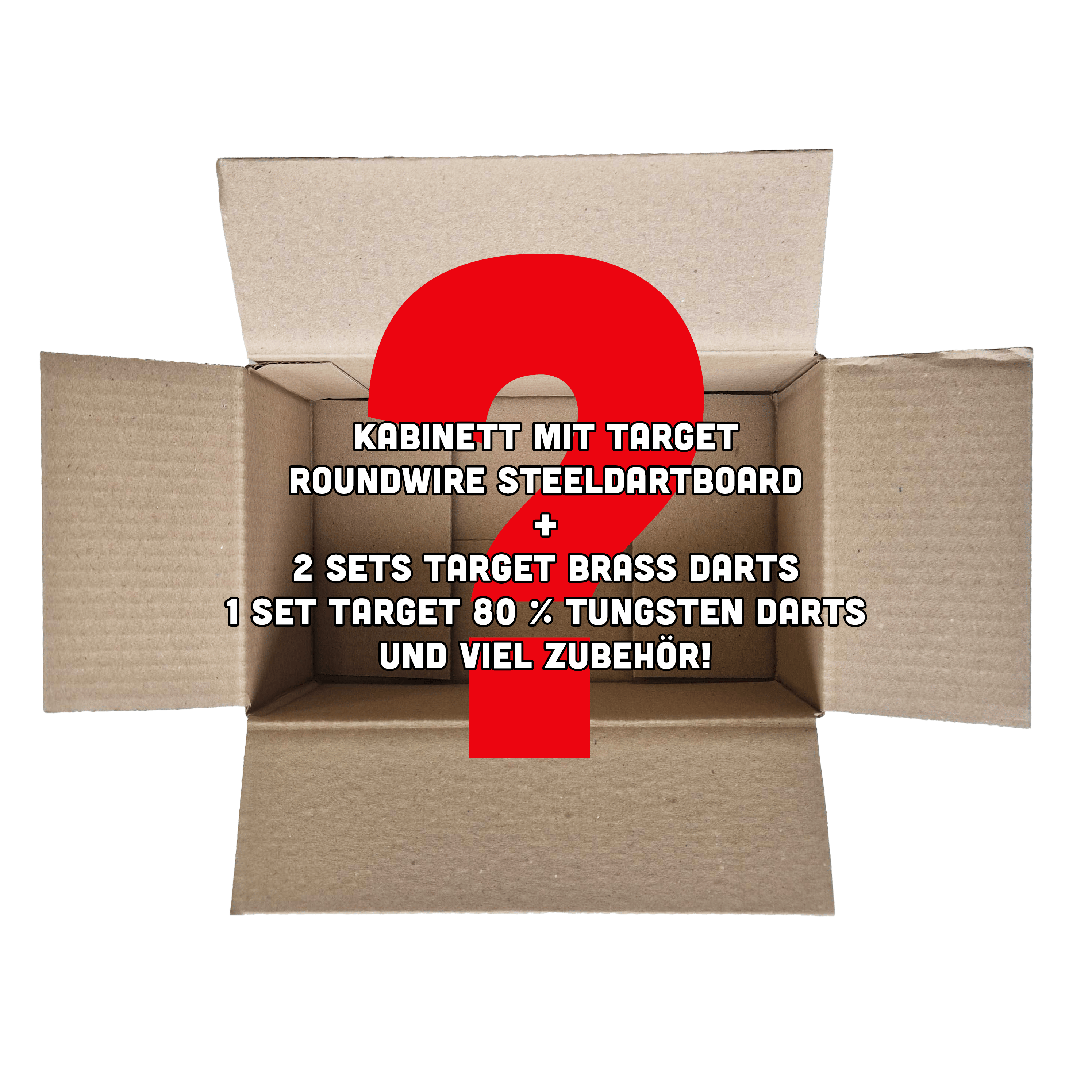Auf dem Bild ist eine offene Pappschachtel mit einem großen roten Fragezeichen zu sehen. Darauf steht geschrieben, dass die Box ein Target Roundwire Steeldartboard, Dartsets und viel Zubehör enthält.