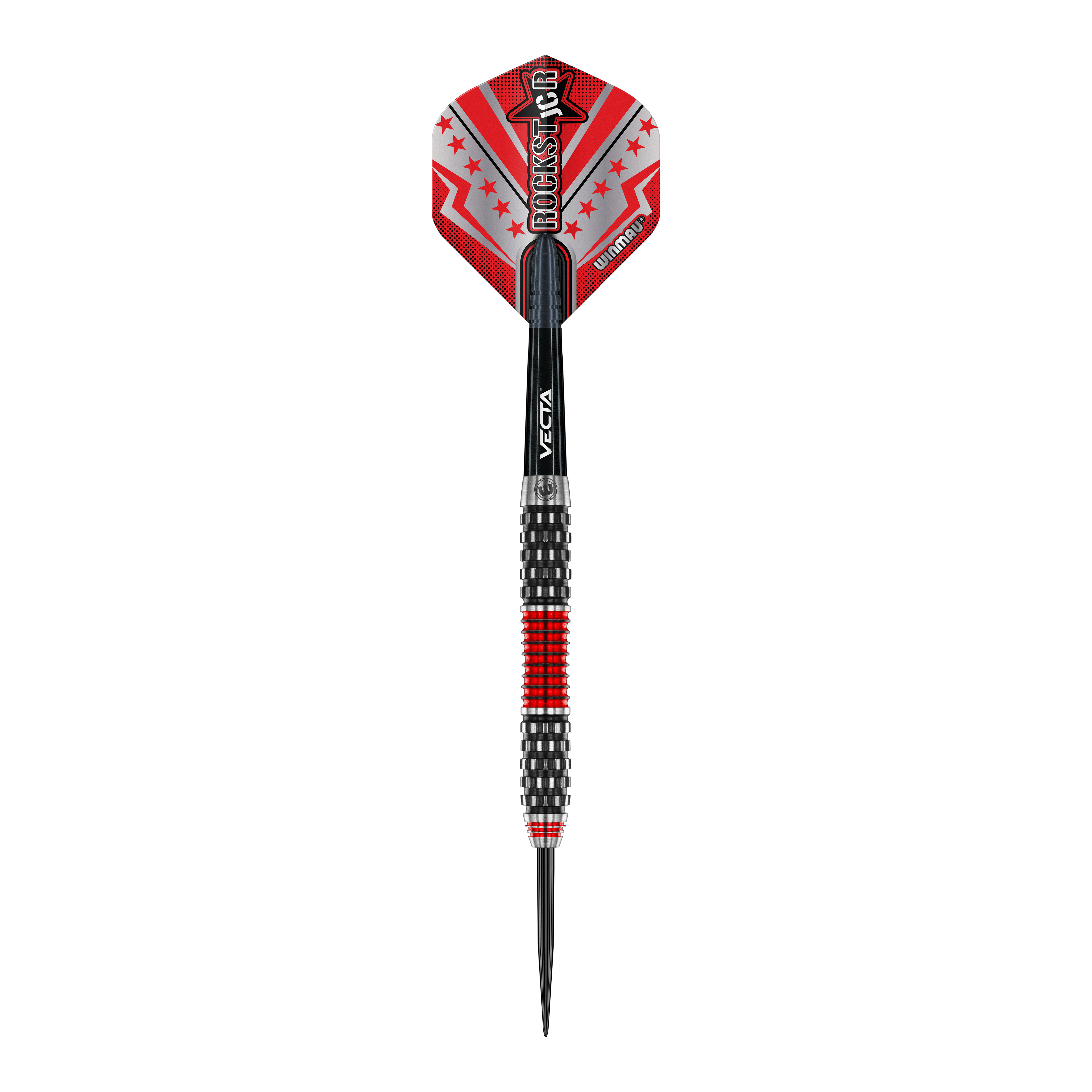 Stalowe lotki Winmau Joe Cullen Rockstar Series RS1 Das Bild zeigt einen Winmau Joe Cullen Rockstar Series RS1 Steeldartpfeil. Der Pfeil ist überwiegend schwarz mit roten und silbernen Akzenten sowie einem auffälligen "Rockstar"-Aufdruck auf dem Flight.