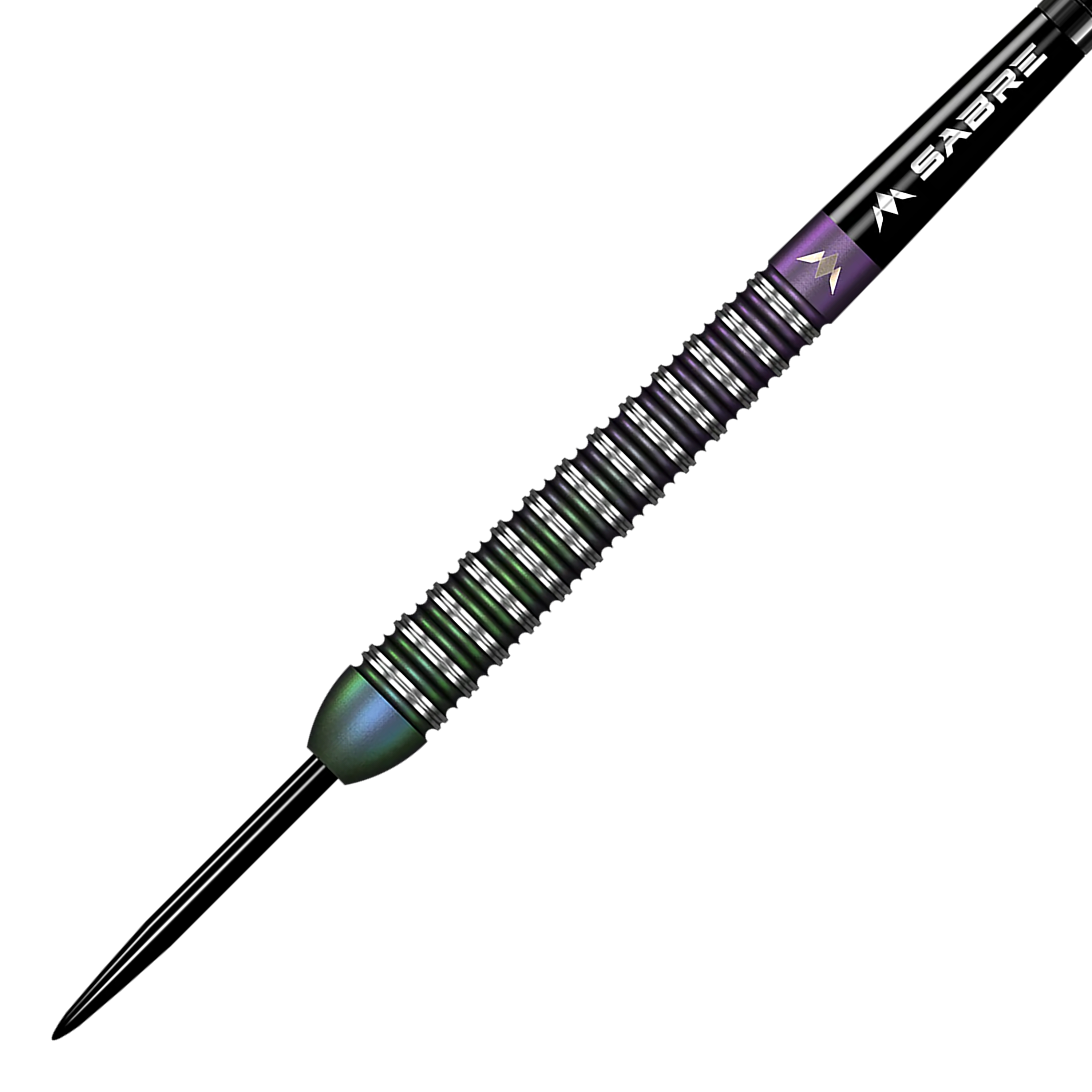 Das Bild zeigt einen Mission Bailey Marsh Ghost Steeldart mit einem Gewicht von 23 Gramm. Der Dart hat ein schwarzes und silbernes Design mit feinen Rillen am Griffbereich.