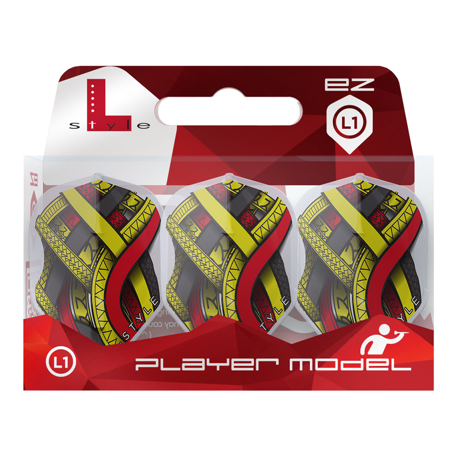 Die Abbildung zeigt eine Packung mit drei L-Style Mike De Decker Type A Clear White L1EZ Flights. Das Design ist bunt mit roten, gelben und schwarzen Elementen.