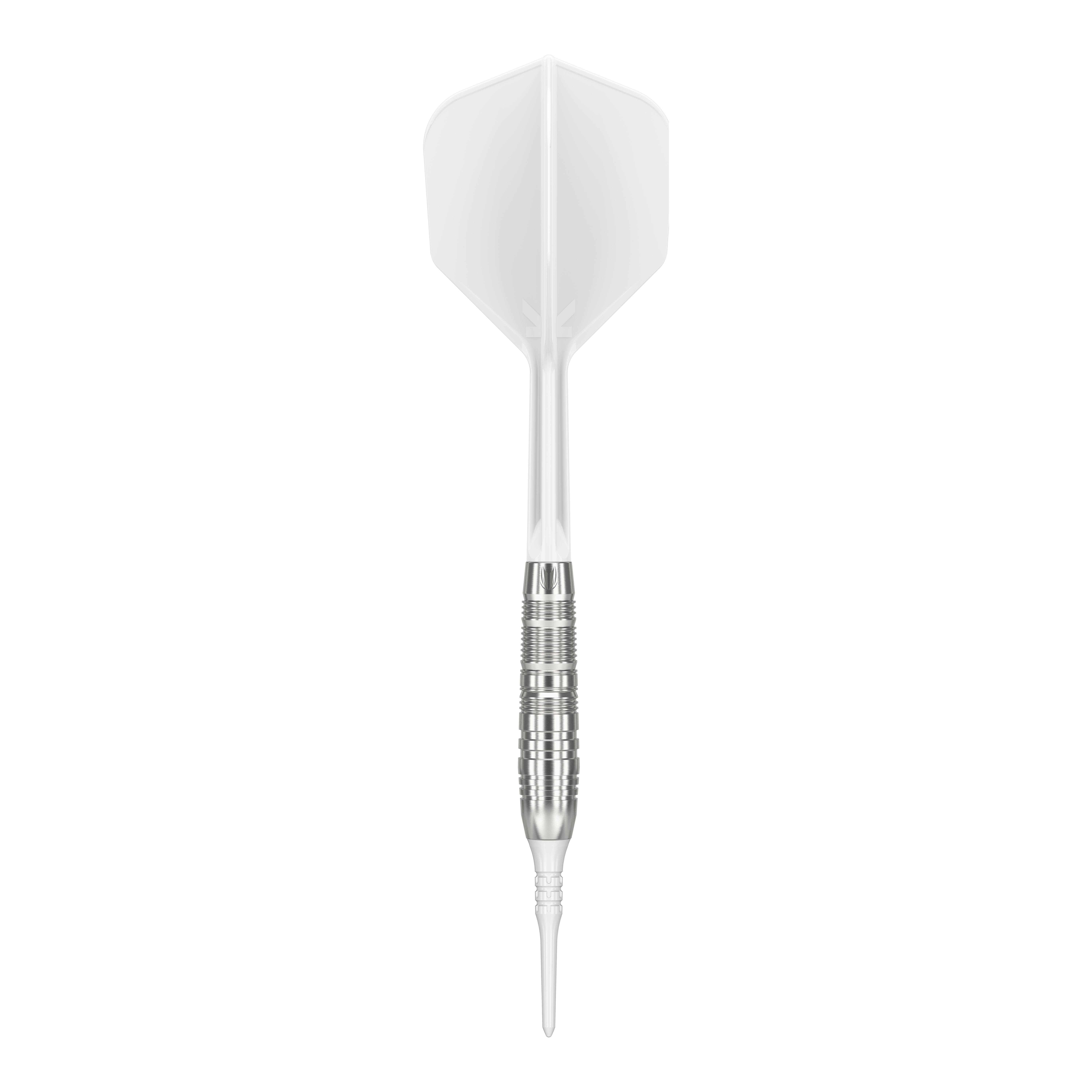 Target Japan Crux Trust Soft Darts - 17g Das Bild zeigt einen Target Japan Crux Trust Softdart mit einem Gewicht von 17 Gramm. Der Dart hat einen silbernen, gerillten Schaft und weiße Flights.