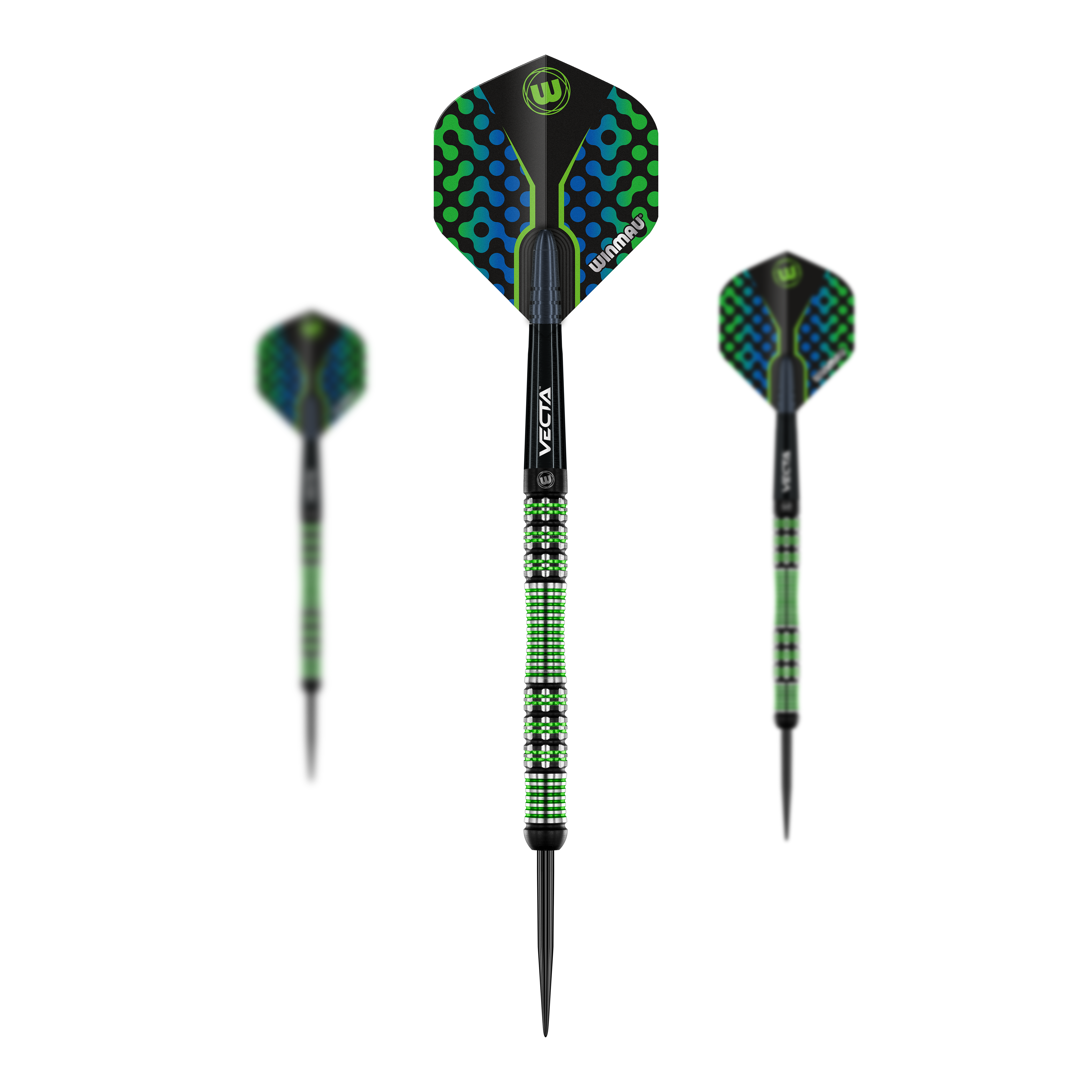 Stalowe lotki Winmau Brendan Dolan Das Bild zeigt drei Winmau Brendan Dolan Steeldarts mit auffälligem grün-blauem Design. Die Darts haben schwarz-grün gemusterte Griffe und schwarze Spitzen.