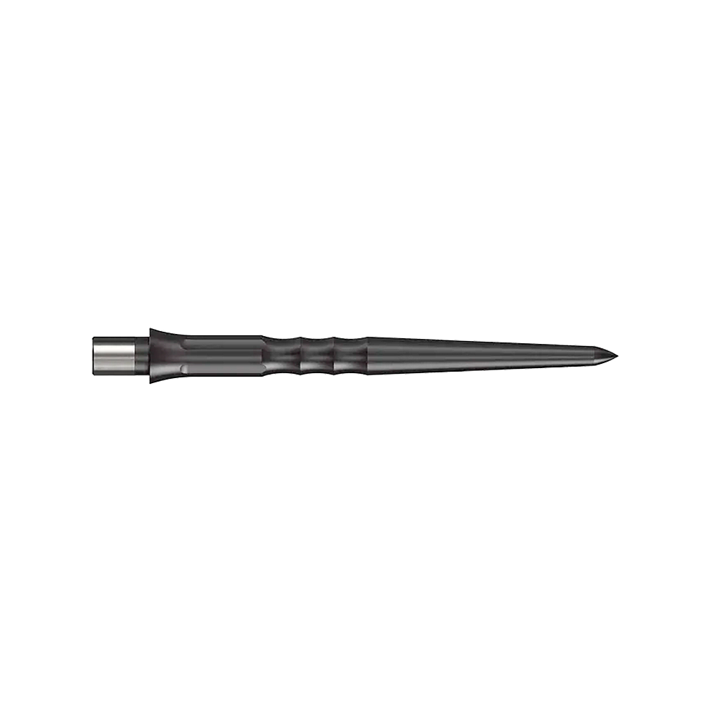 Das Bild zeigt eine schwarze Steeldartspitze mit Riffelung. Die Spitze ist 28 mm lang und hat kein Lip-Ende.