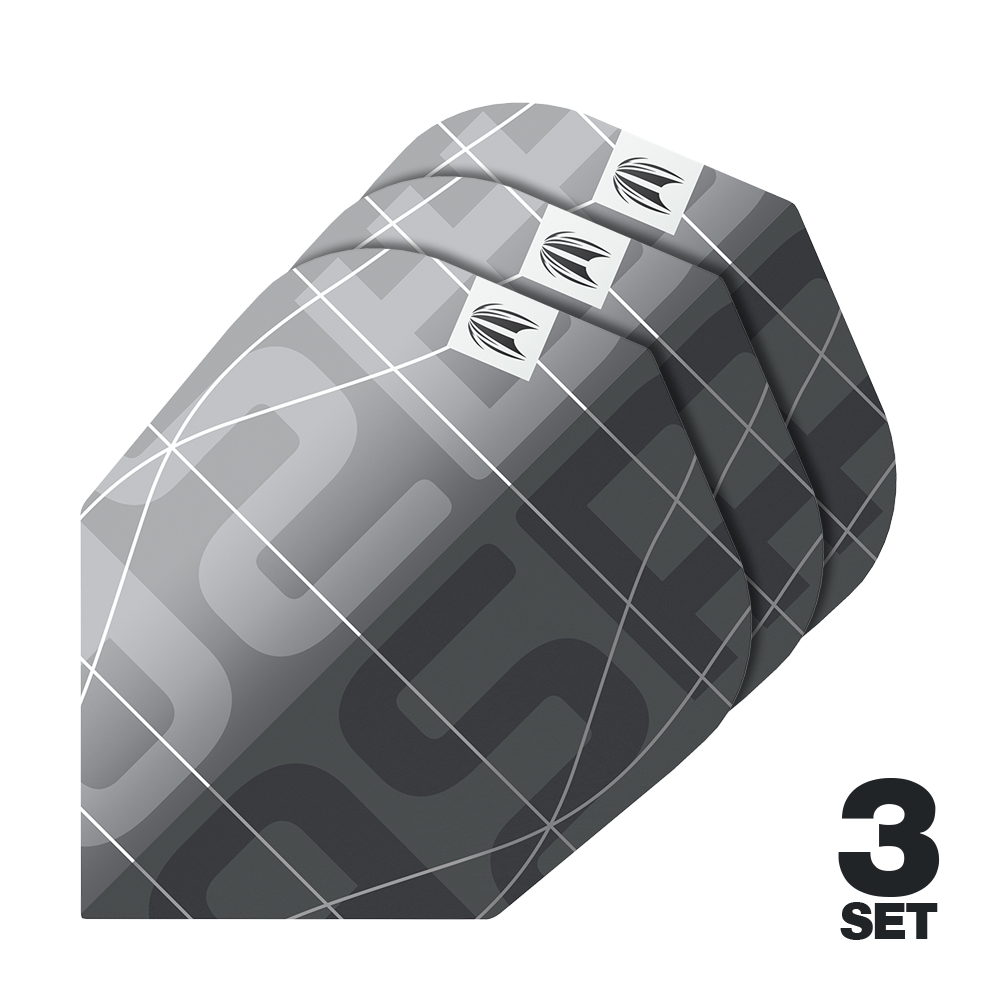 Target Pro Ultra Aspinall X Echo No6 Lotki - 3 zestawy Das Bild zeigt drei Sätze Target Pro Ultra Aspinall X Echo No6 Flights für Darts. Die Flights haben ein modernes, graues Design mit weißen Linien und einem kleinen Logo.