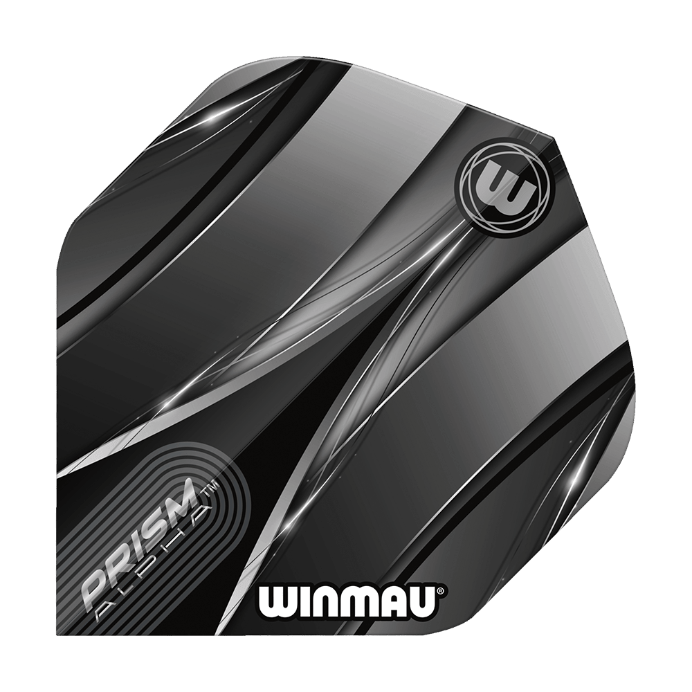 Loty standardowe Winmau Alpha Sniper Black Das Bild zeigt einen Winmau Alpha Sniper Black Standard Flight für Darts. Das Design ist überwiegend schwarz und silber mit stilisierten Linien und dem Winmau-Logo.