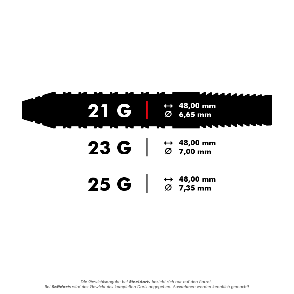 190054_Target_Bolide_02_Swiss_Point_Steeldarts_5_21g Das Bild zeigt die technischen Daten der Target Bolide 02 Swiss Point Steeldarts in drei verschiedenen Gewichten. Die Darts sind in 21 g, 23 g und 25 g erhältlich, jeweils mit einer Länge von 48 mm und unterschiedlichen Durchmessern.